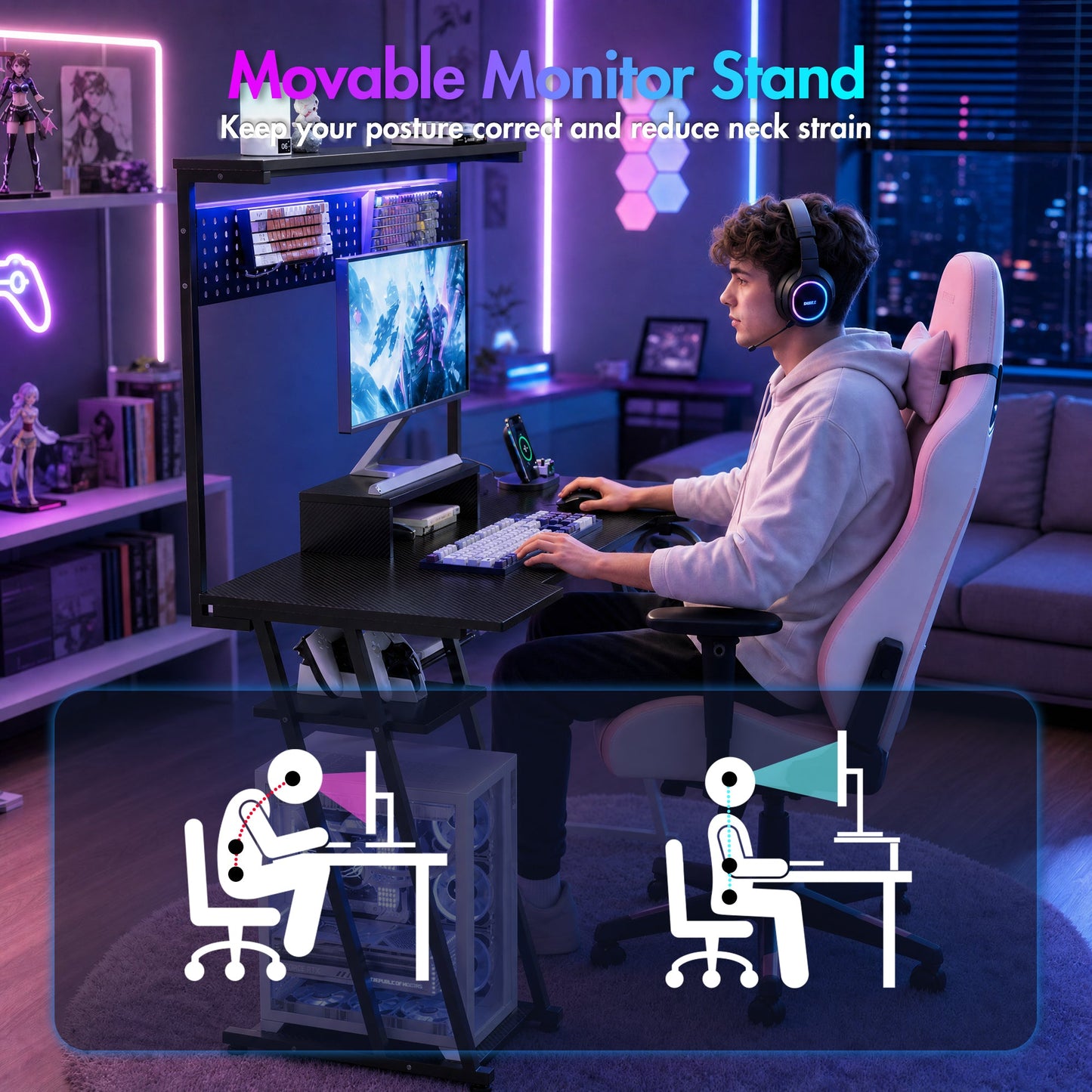 Advwin 120cm LED Gaming Desk w/ Movable Monitor Stand