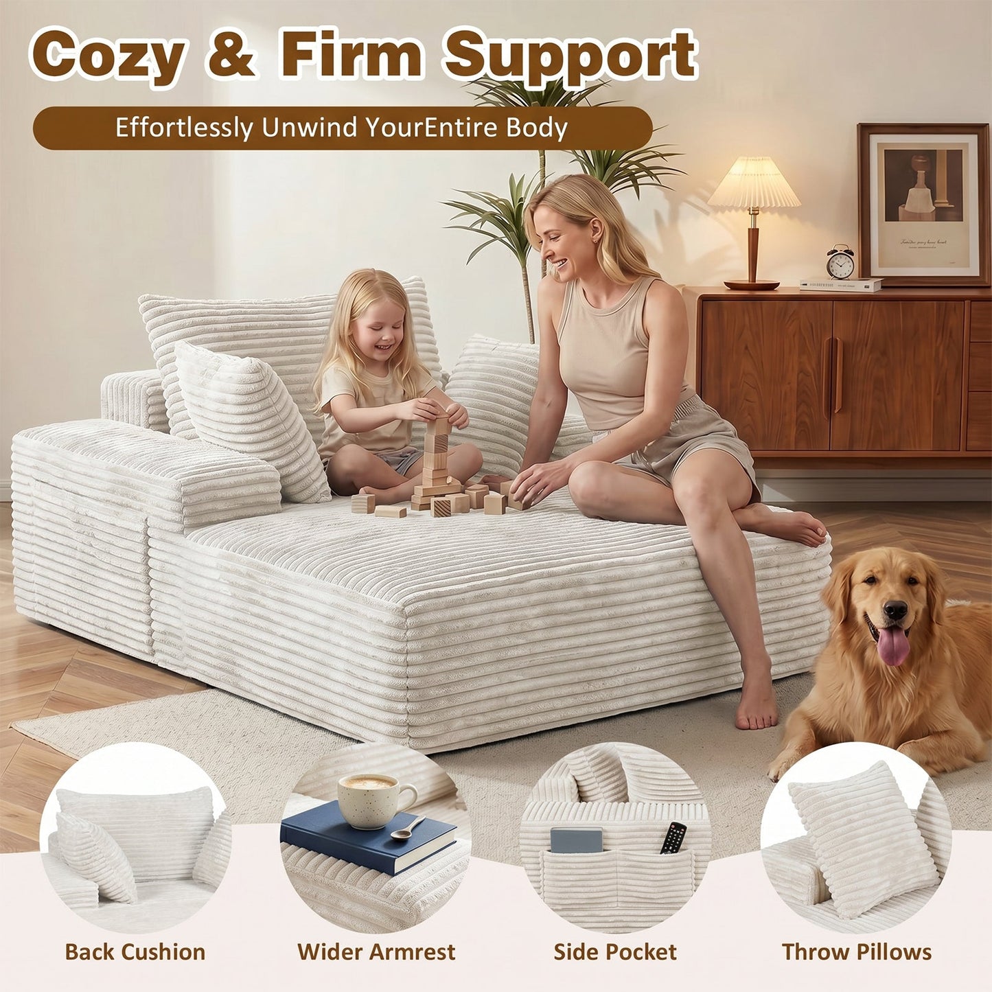 Advwin 132cm Corduroy Chaise Lounge Chair with Cushion