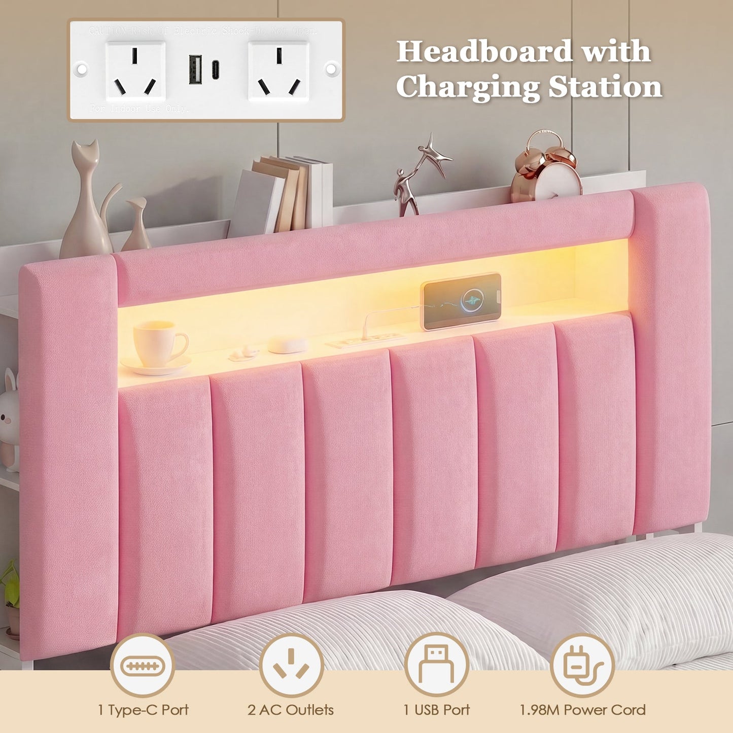 Advwin Bed Frame with LED Shelves & Charging Station Pink