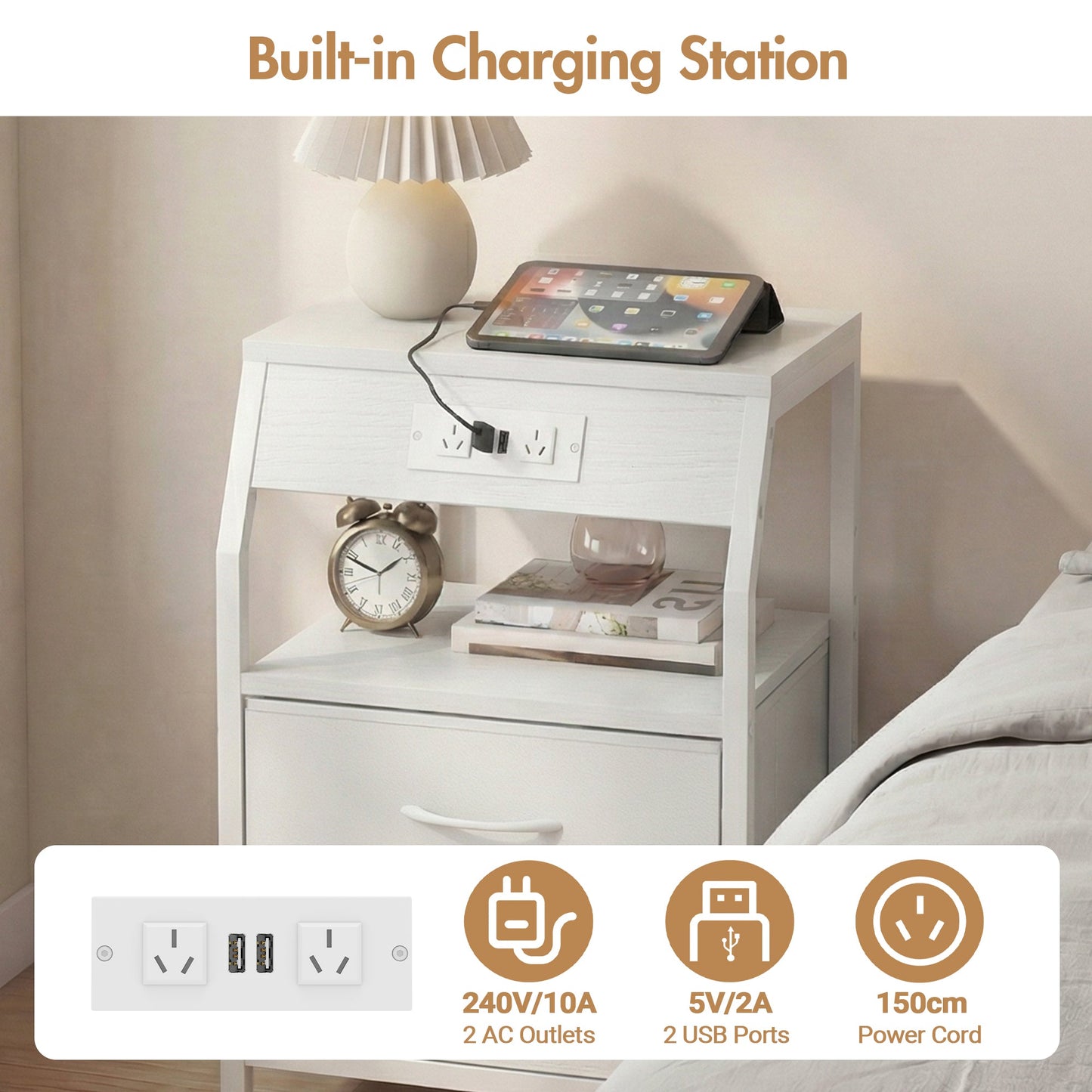 Advwin Bedside Table with 4 Drawers and Charging Station