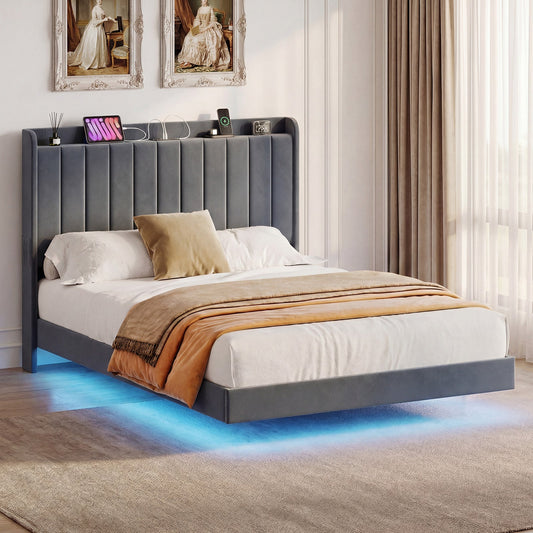 Advwin Velvet Floating Bed Frame with RGB LED