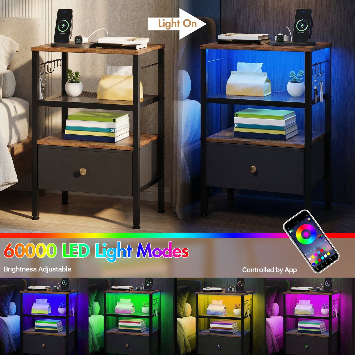 Advwin 3-Tier Bedside Table with Fabric Drawer and Lights