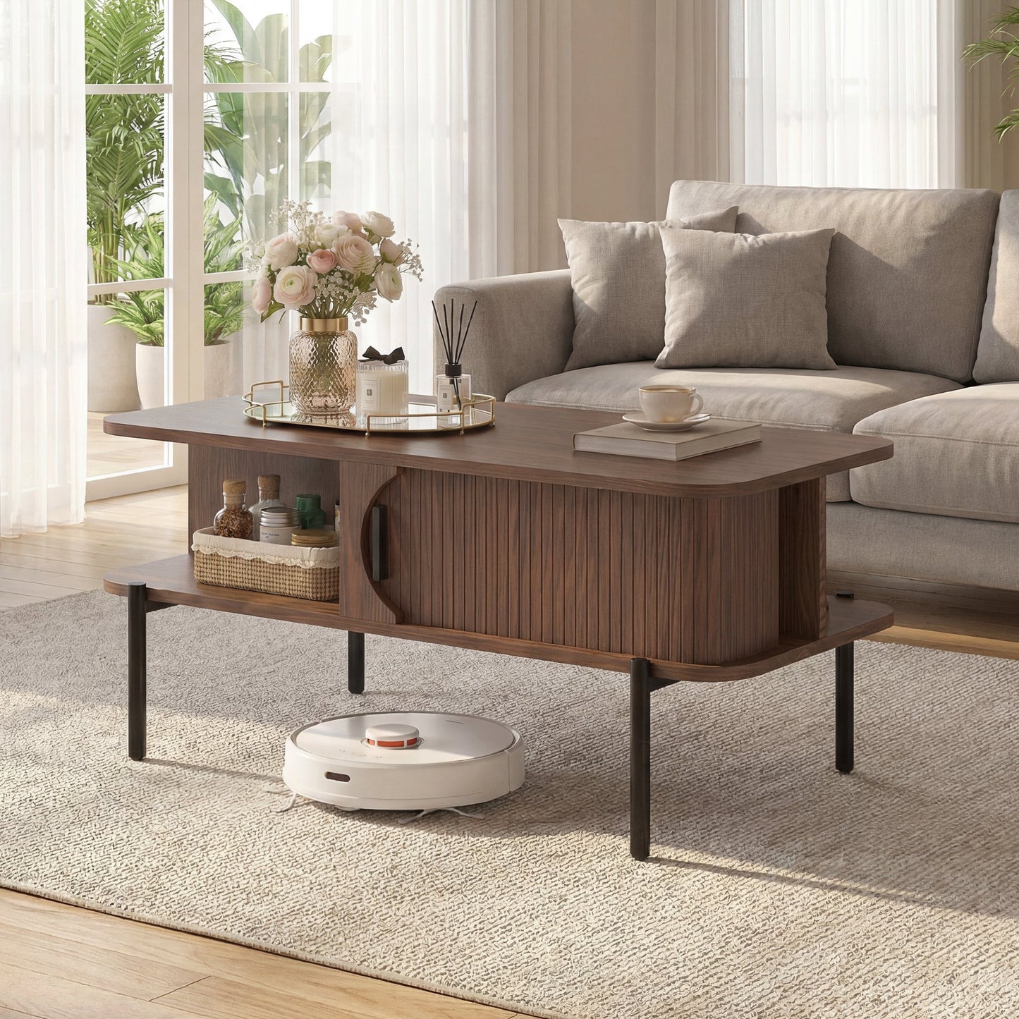 Advwin Fluted Coffee Table with Hidden Storage Walnut