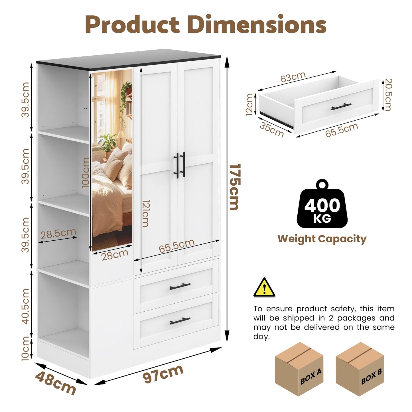 Advwin 2 Doors Armoire Wardrobe Closet with Mirror