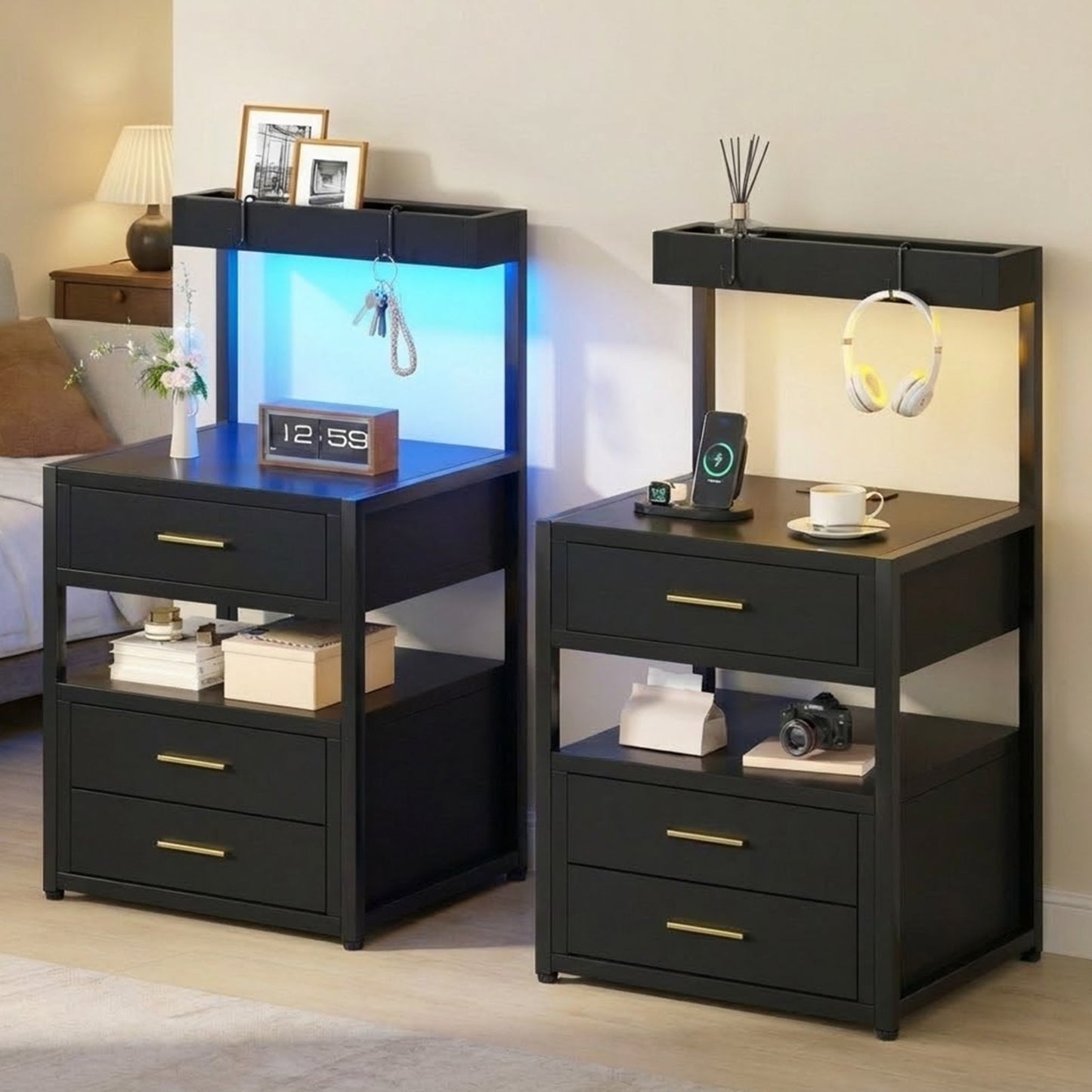Advwin Bedside Table with Charging Station Set of 2
