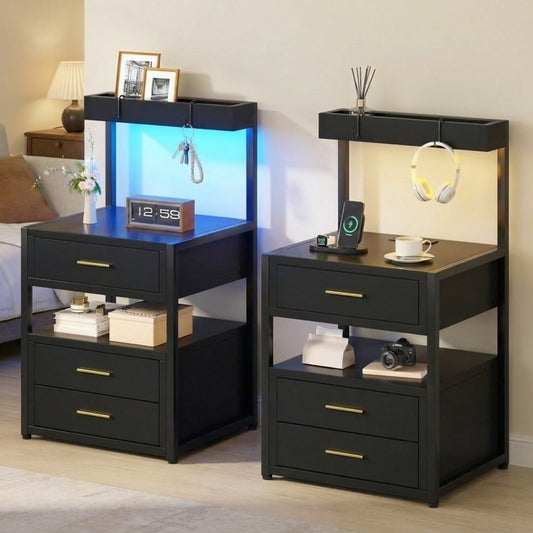 Advwin Bedside Table with Charging Station Set of 2