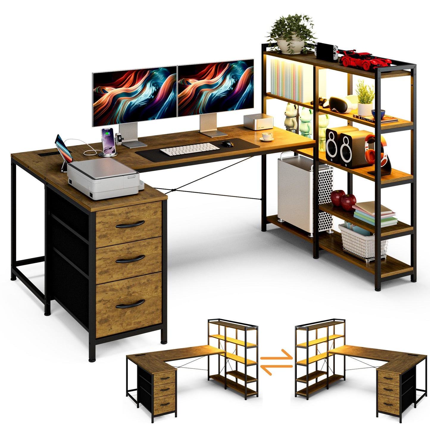 Advwin U Shaped Gaming Desk with LED Lights 164cm