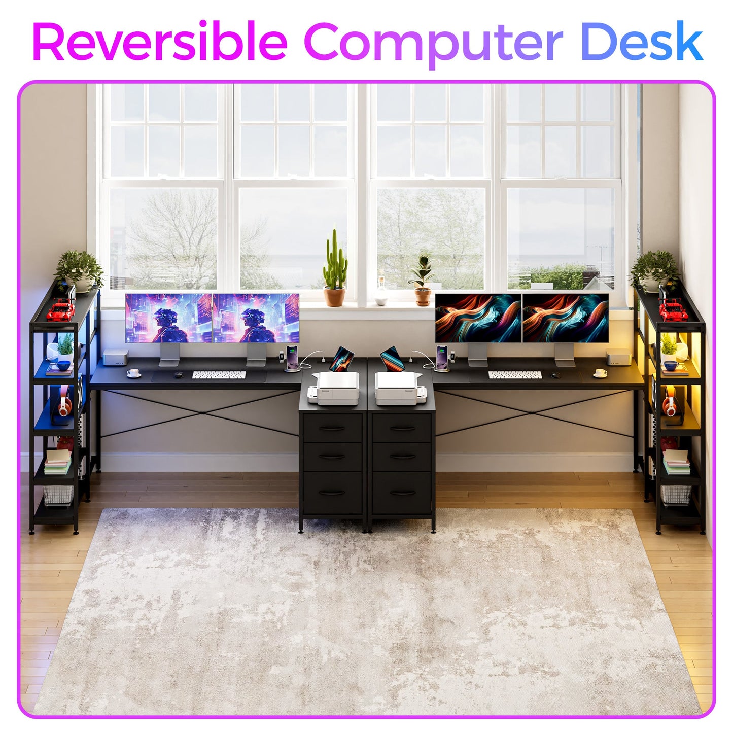 Advwin U Shaped Gaming Desk with LED Lights 164cm