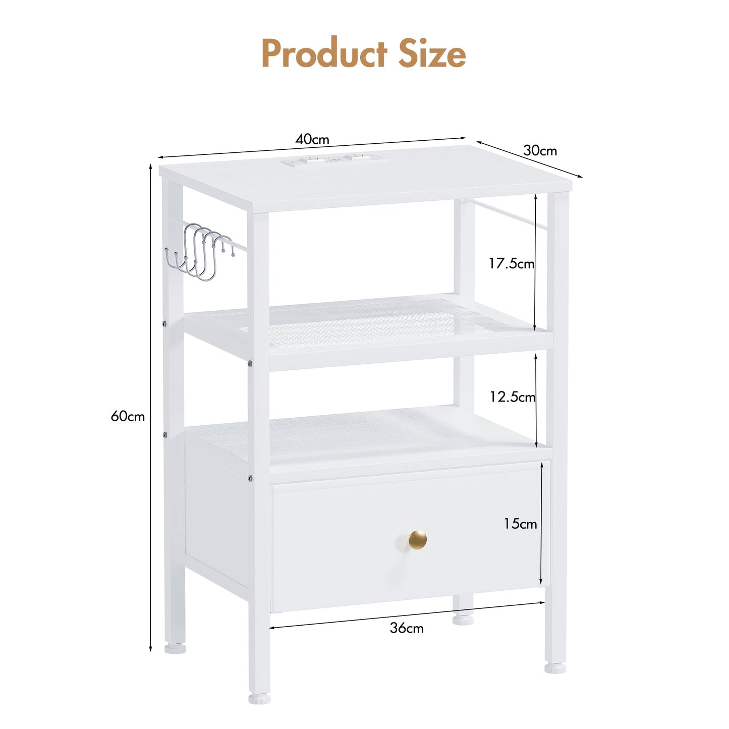 Advwin 3-Tier Bedside Table with Fabric Drawer and Lights