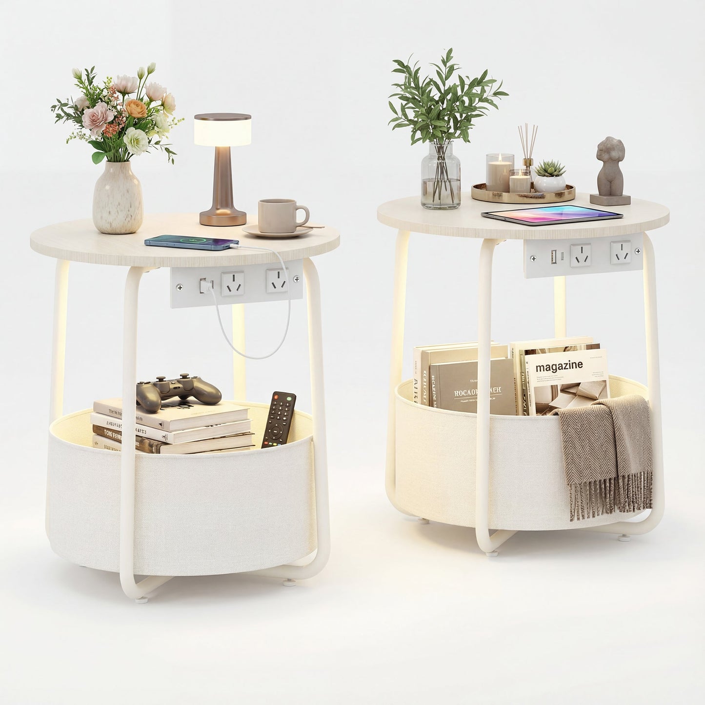 Advwin Small Round Side Table w/ Charging Station