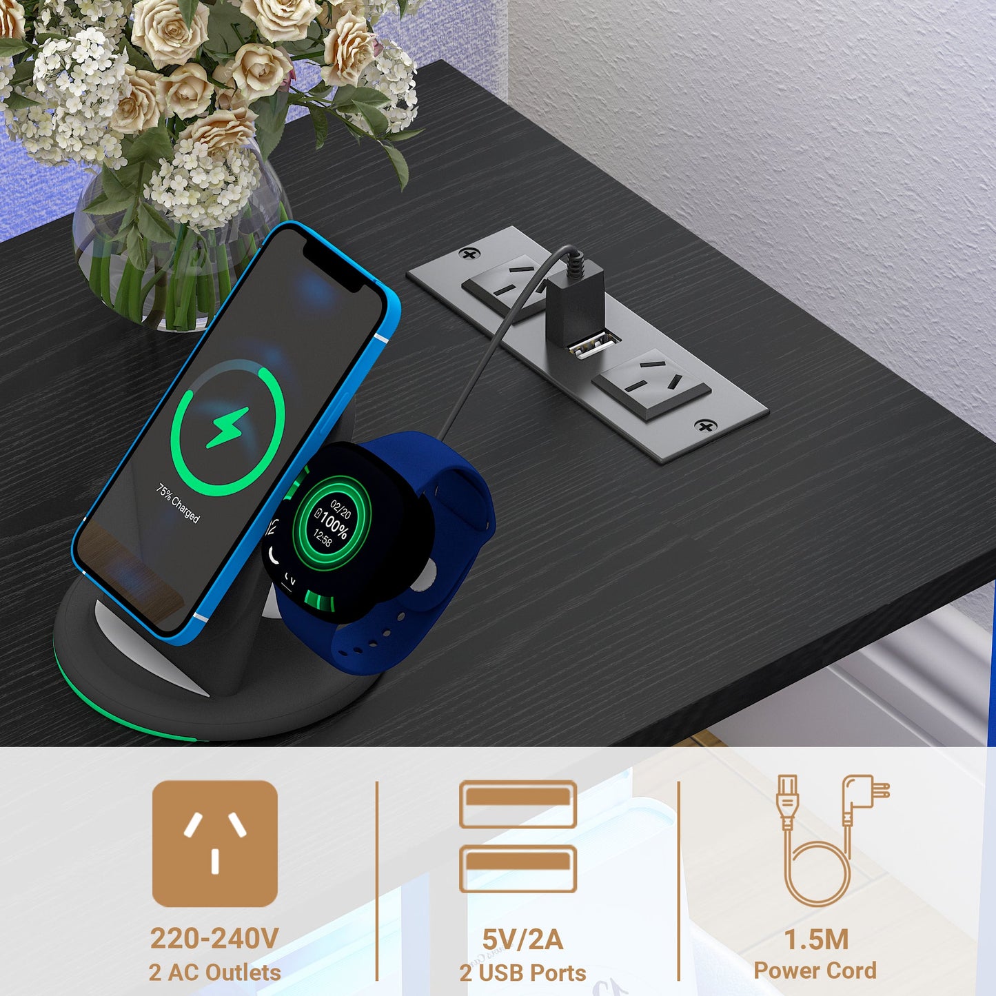 Advwin LED Side Table w/ Power Outlets & Wheels