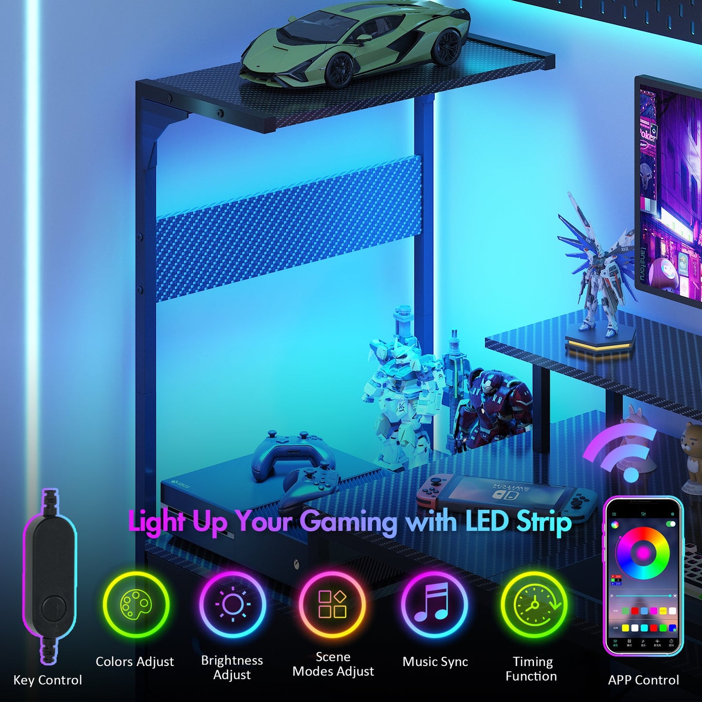 Advwin 150cm Gaming Desk with LED Lights & Storage Shelf