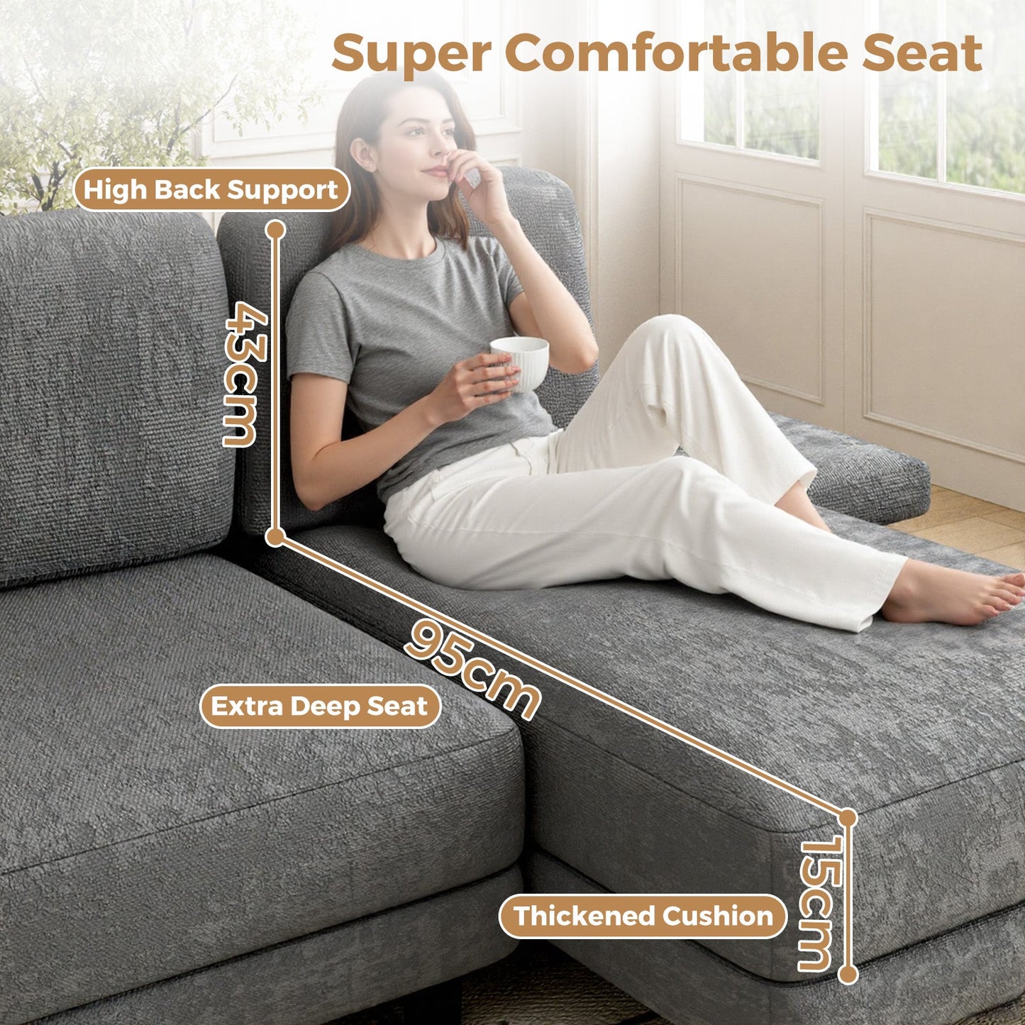 Advwin Sectiona Sofa 4-Seat Chenille Fabric 280cm