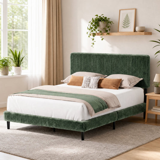 Advwin Upholstered Bed w/ Adjustable Headboard Green