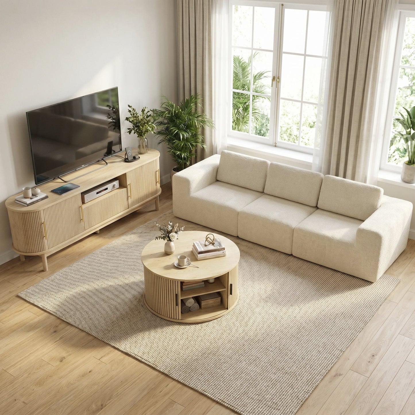 Advwin 80cm Round Coffee Table with Sliding Door & Storage