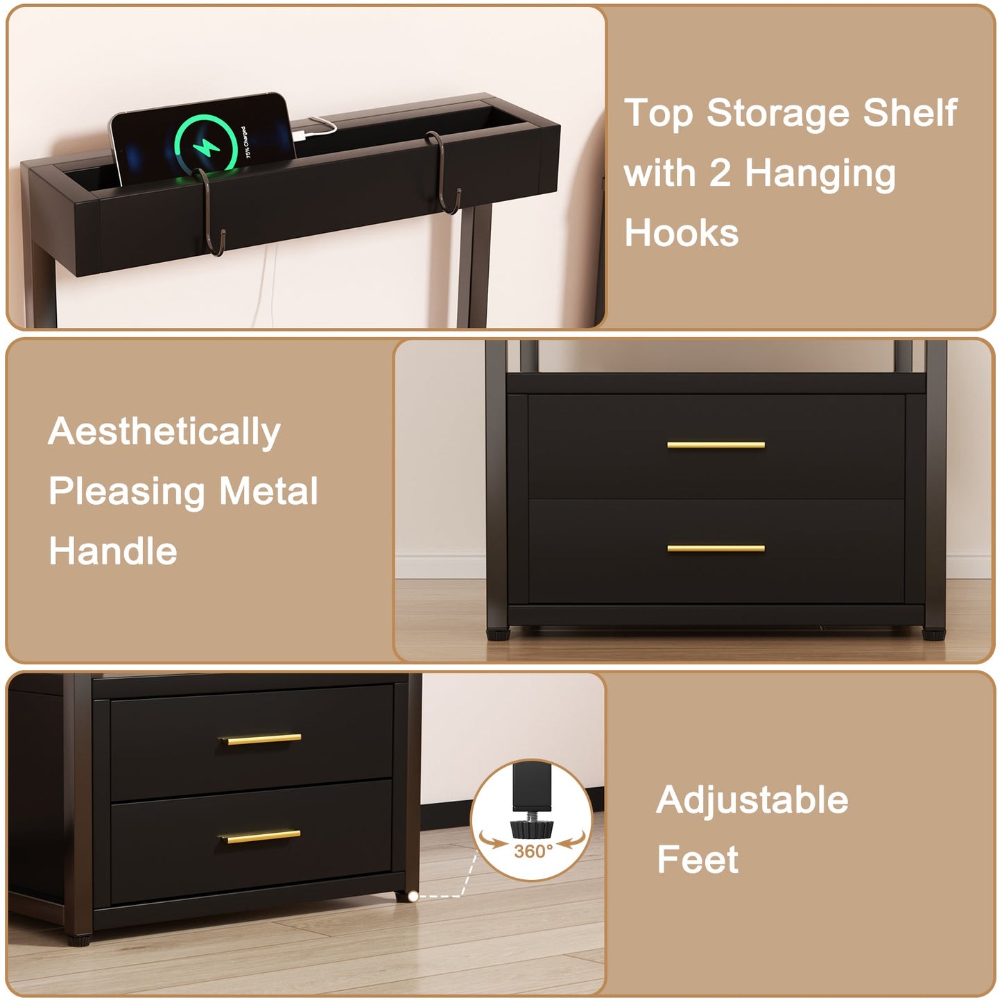 Advwin Bedside Table with Charging Station Set of 2