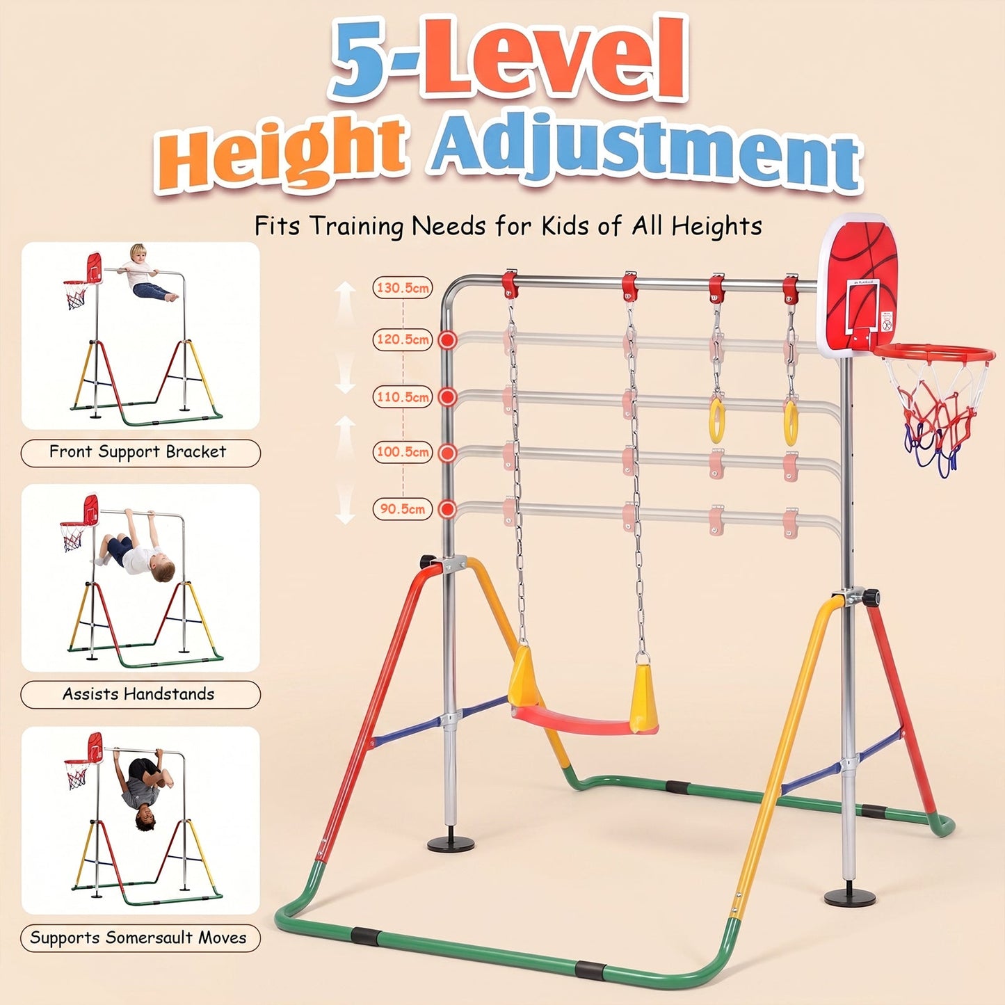 Advwin Kids Foldable Gymnastics Bar with Basketball Hoop & Swing