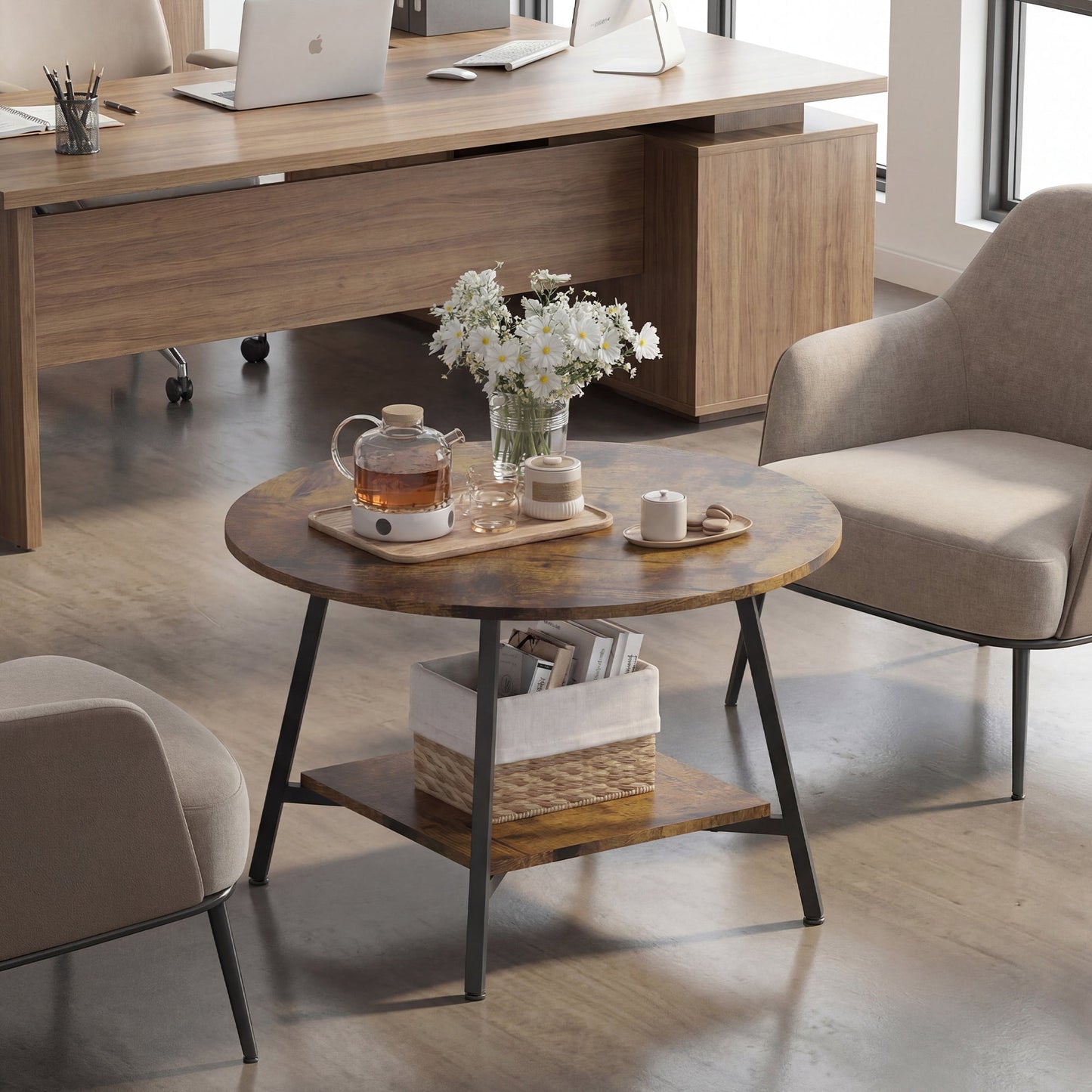Advwin 73cm Round Coffee Table 2-Tier w/ Open Shelf