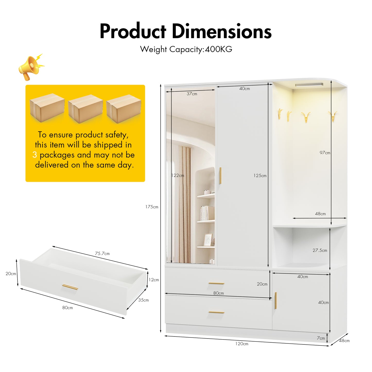 Advwin 3 Doors Armoire Wardrobe Closet with Mirror