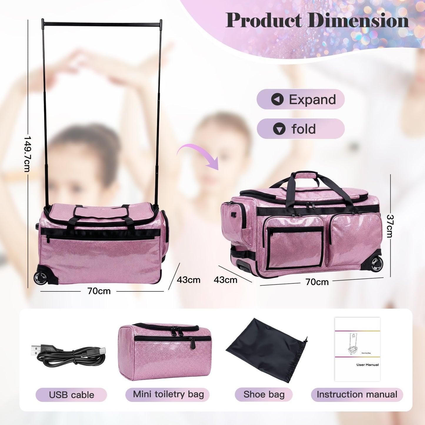 Advwin 26Inch Rolling Dance Bag with Garment Rack