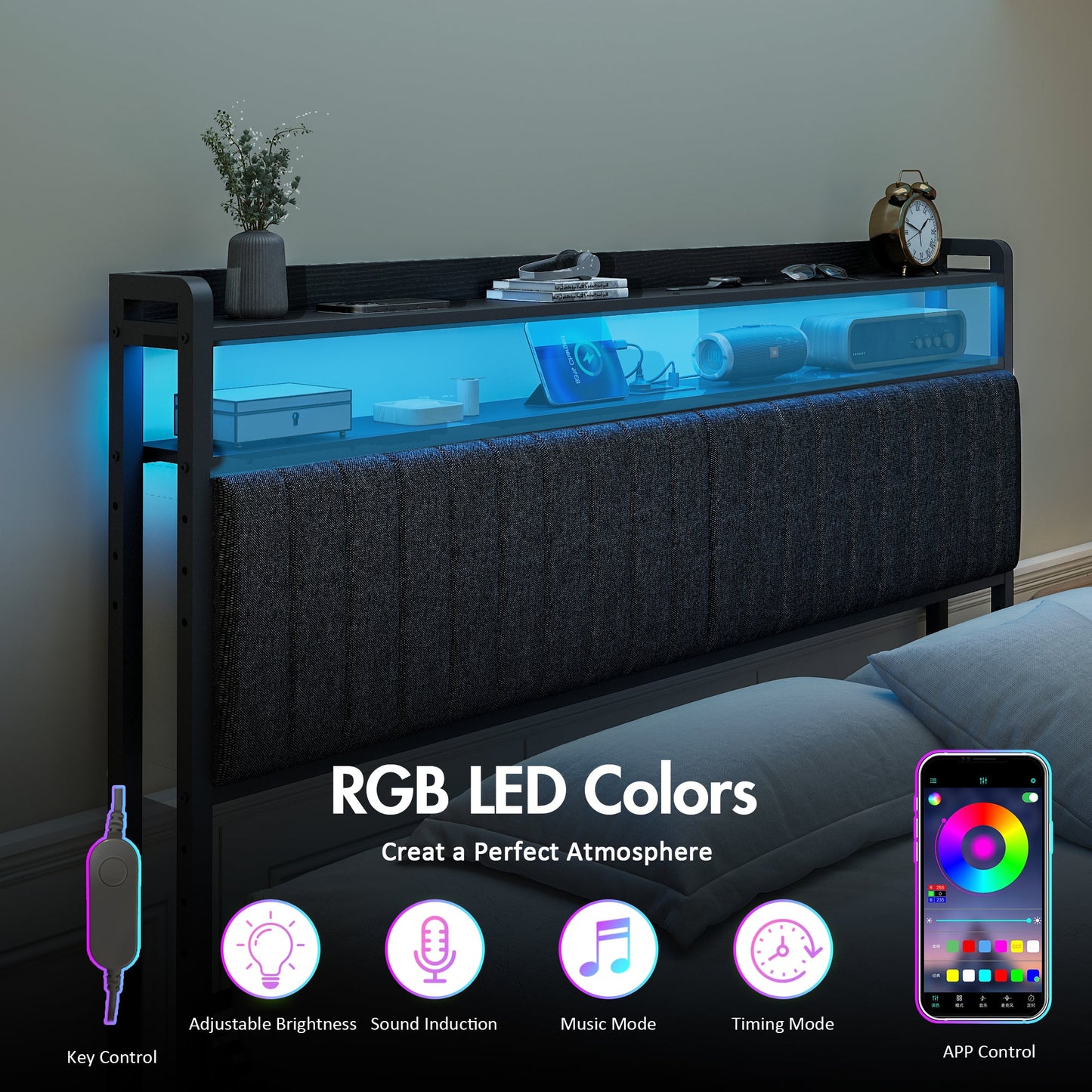 Advwin Storage Headboard Upholstered with Light Charging Station