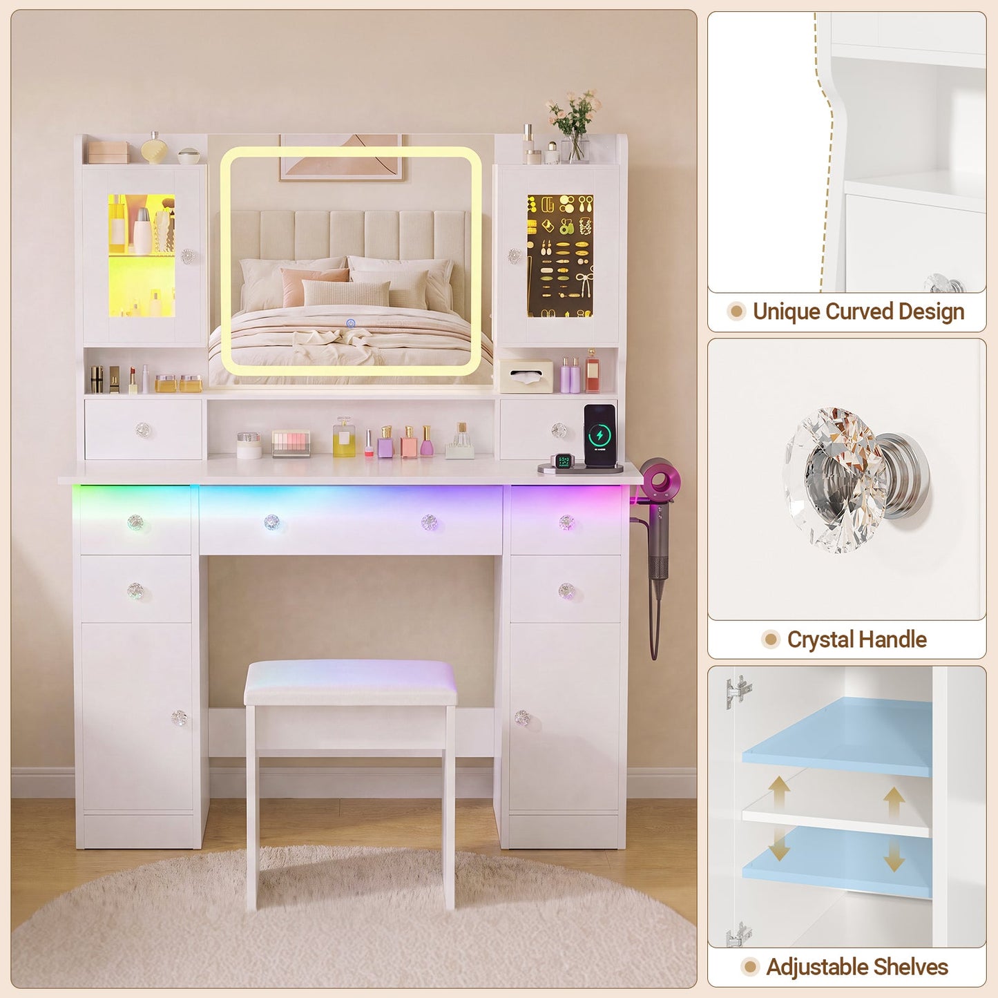 Advwin Dressing Table with RGB Light & Jewelry Cabinet