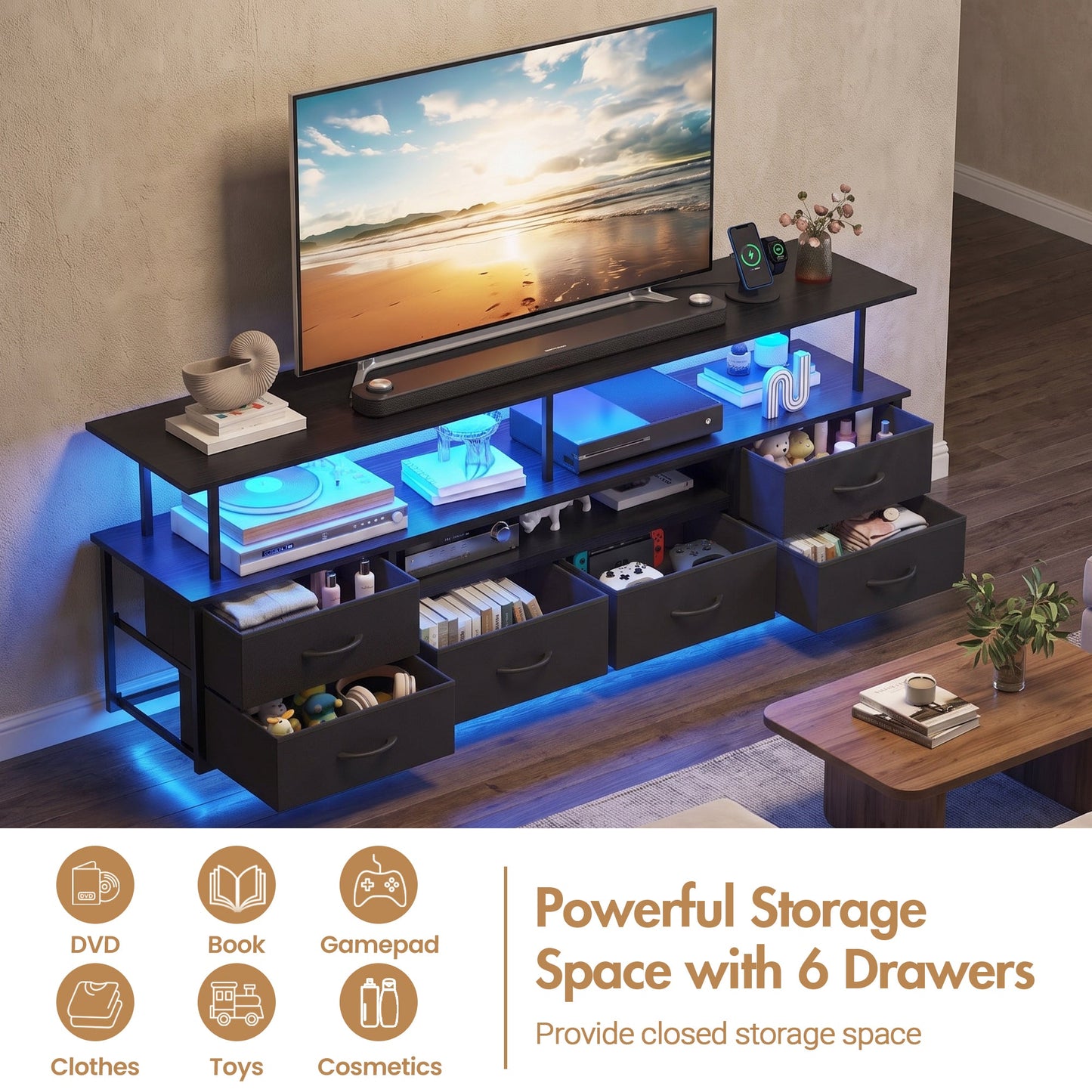 Advwin 160cm TV Unit Cabinet with Open Shelf & LED Lights