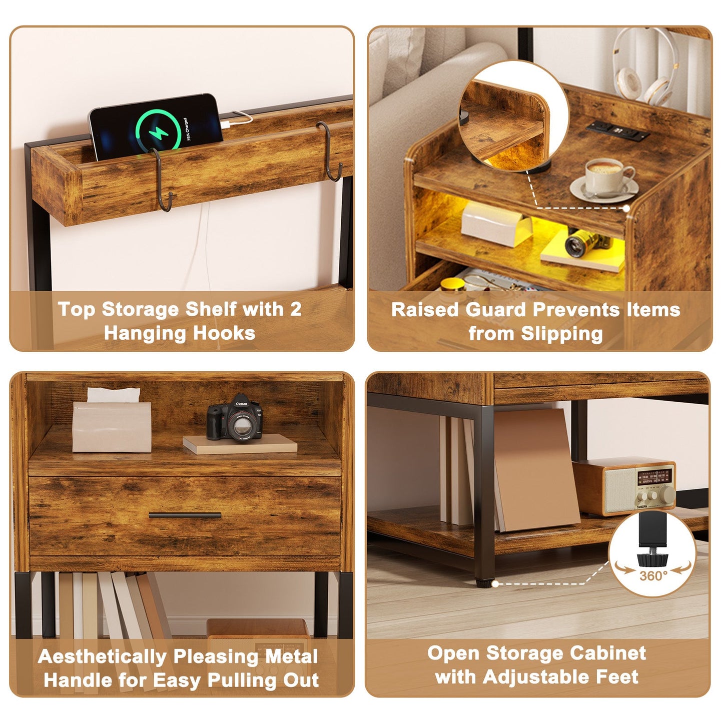 Advwin Bedside Table with Charging Station LED Lights Set of 2
