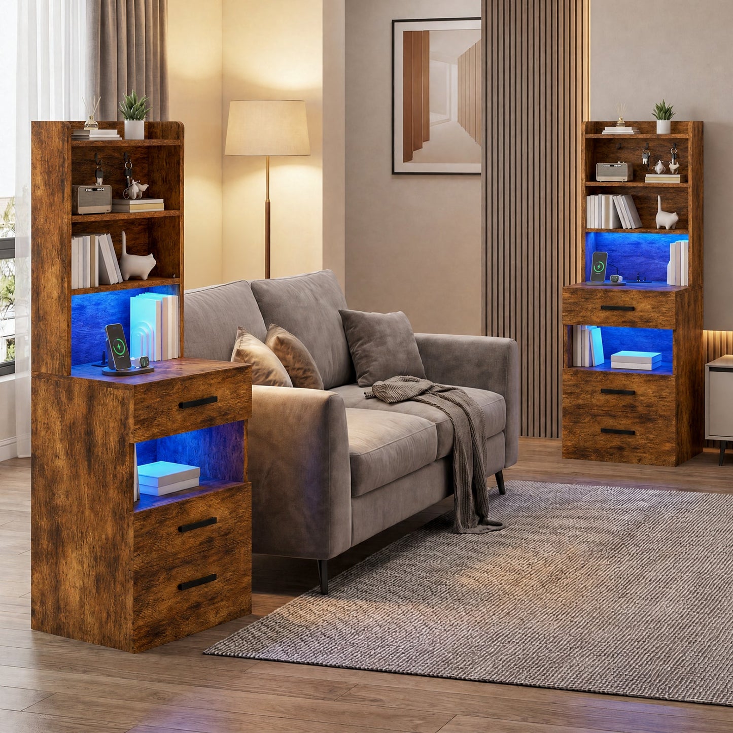 Advwin Set of 2 Tall Bedside Table with Charging Station