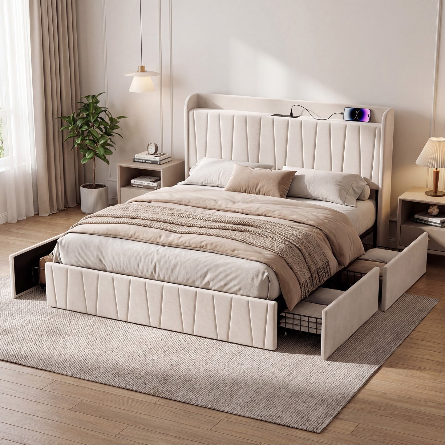 Advwin Bed Frame with Storage Drawers Beige