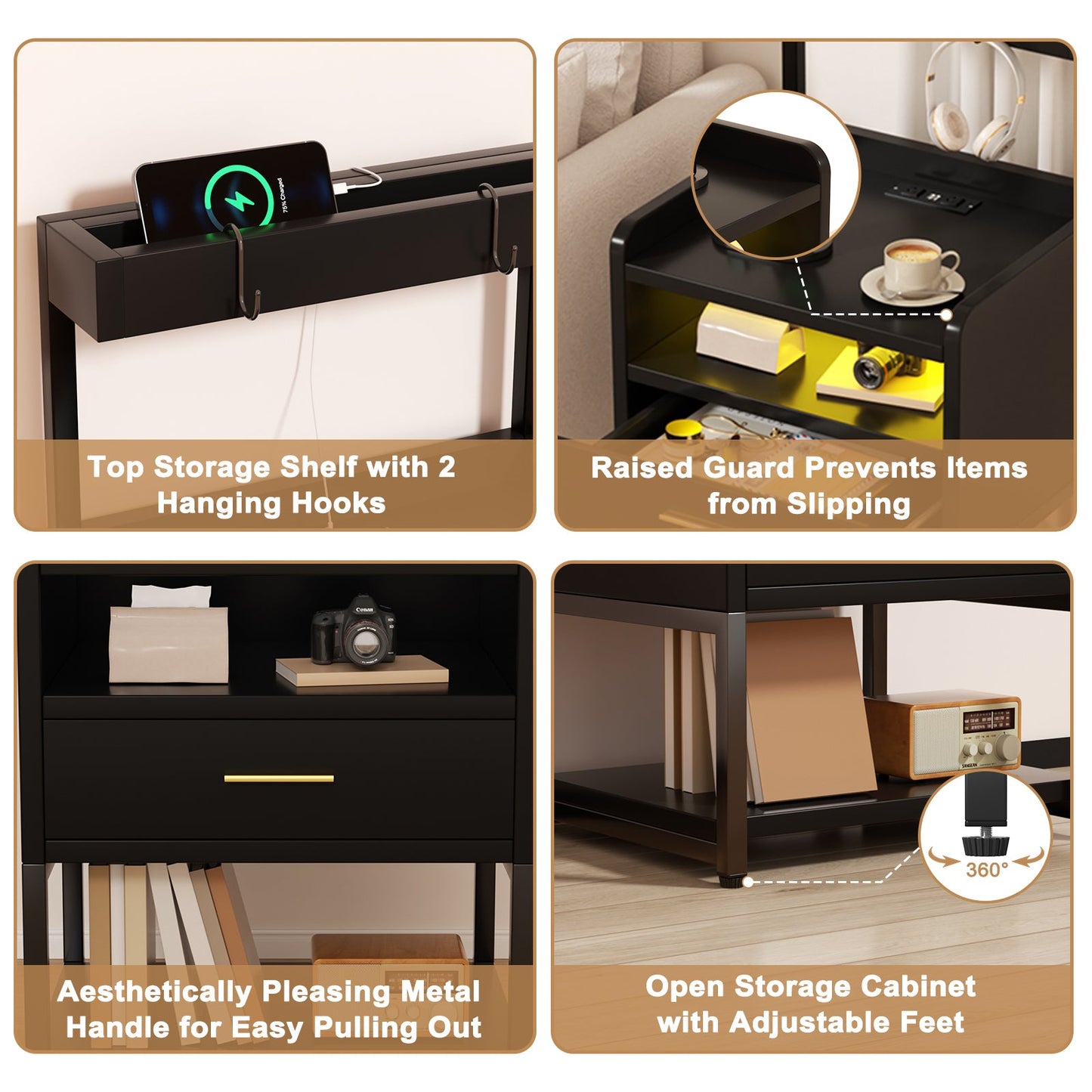 Advwin Bedside Table with Charging Station LED Lights