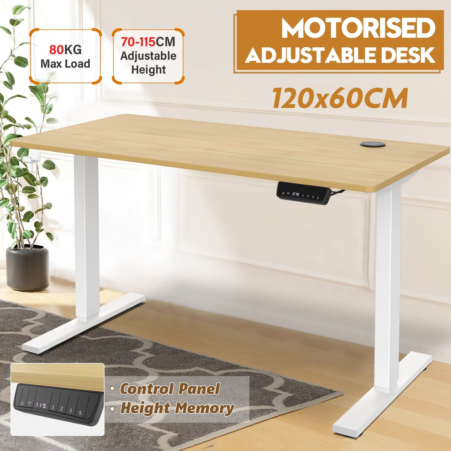 Advwin-Electric-Standing-Desk-Sit-Stand-Up-Riser-Height-Adjustable Motorised-Computer-Desk-Oak-Table-Top-120cm-White-Frame-160201600