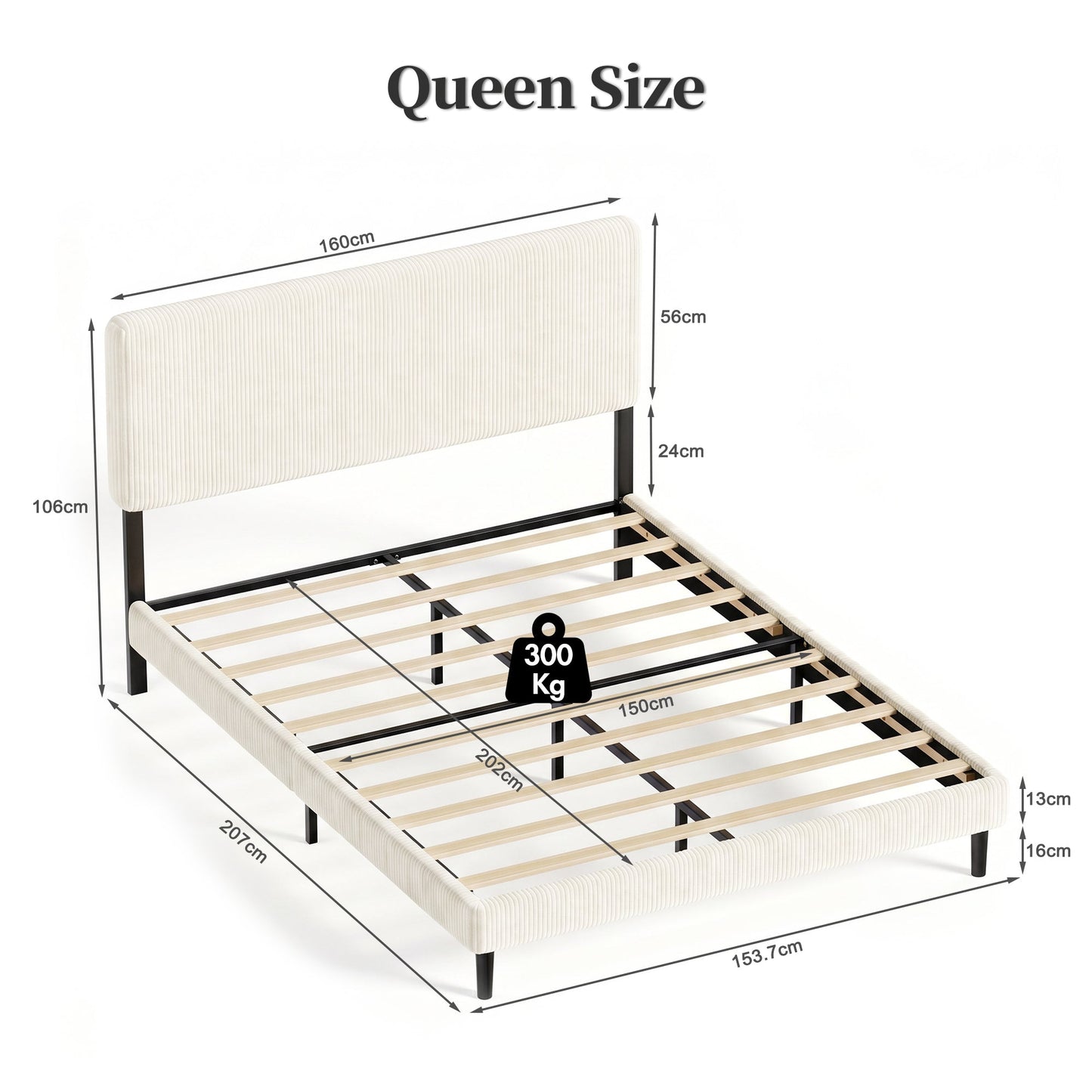 Advwin Upholstered Bed w/ Adjustable Headboard Beige