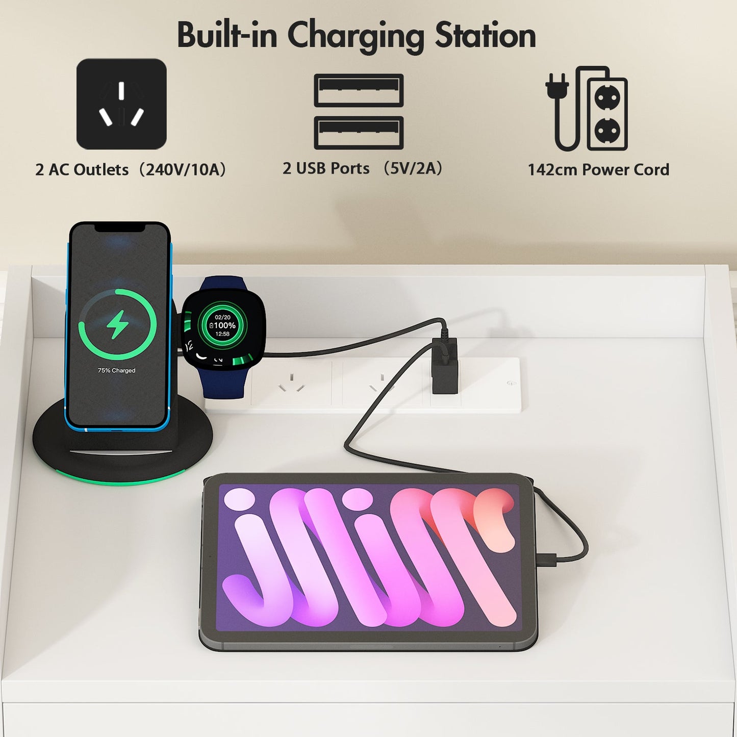 Advwin LED Bedside Table with Charging Station Set of 2