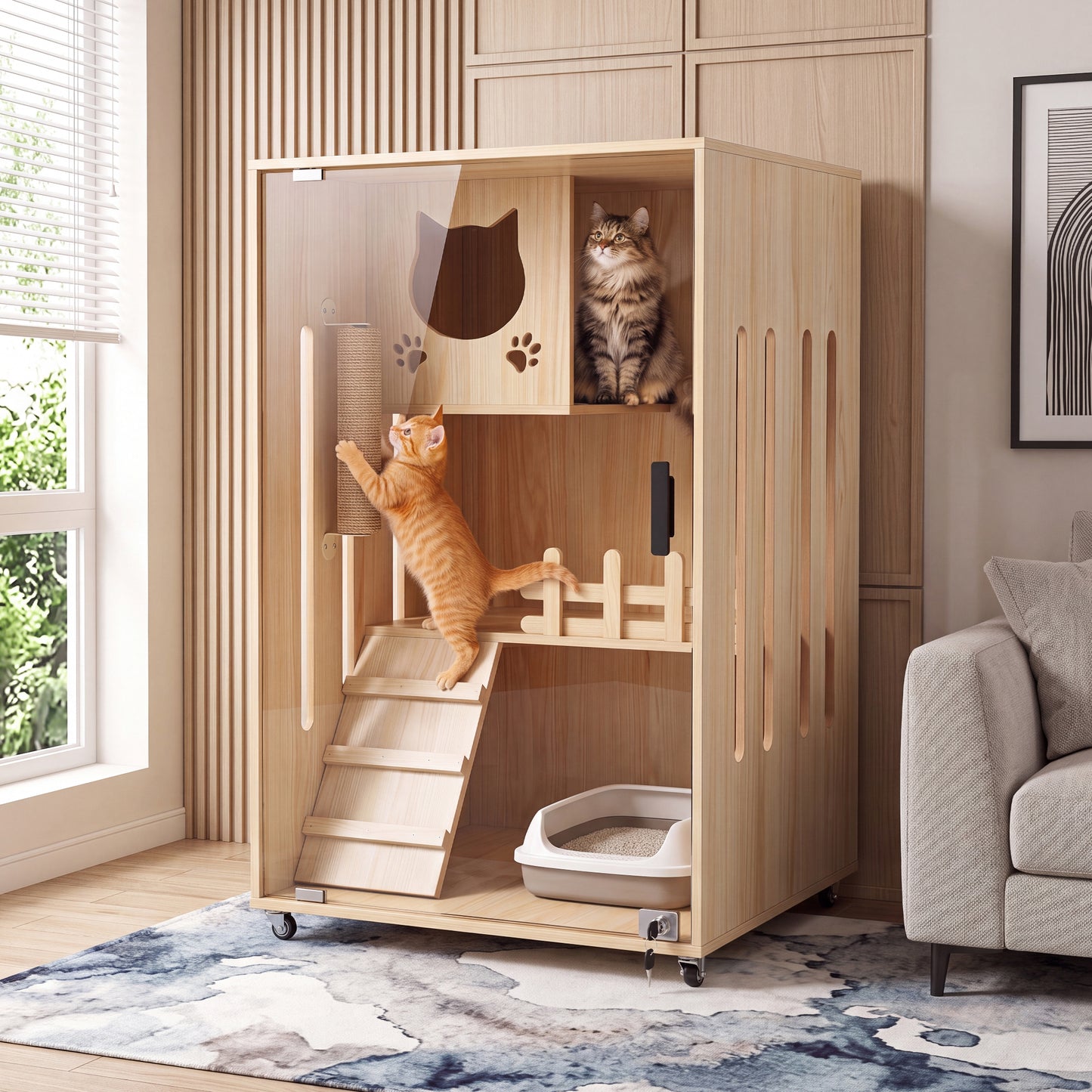 Advwin Large Wooden Cat Enclosure with Wheels & Glass Doors