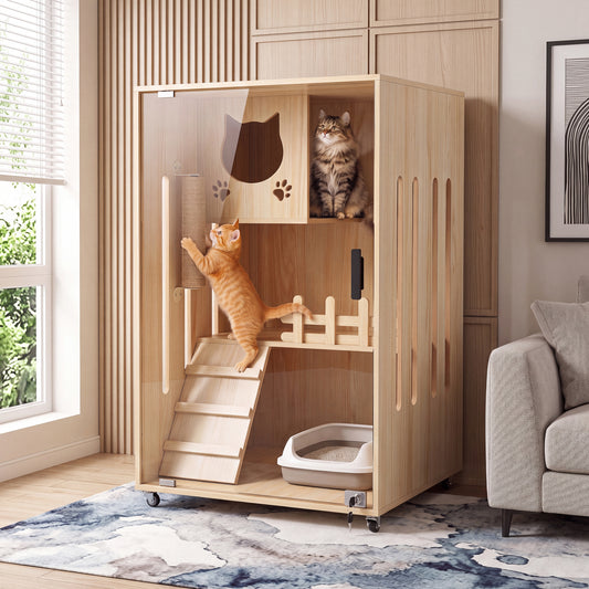 Advwin Large Wooden Cat Enclosure with Wheels & Glass Doors