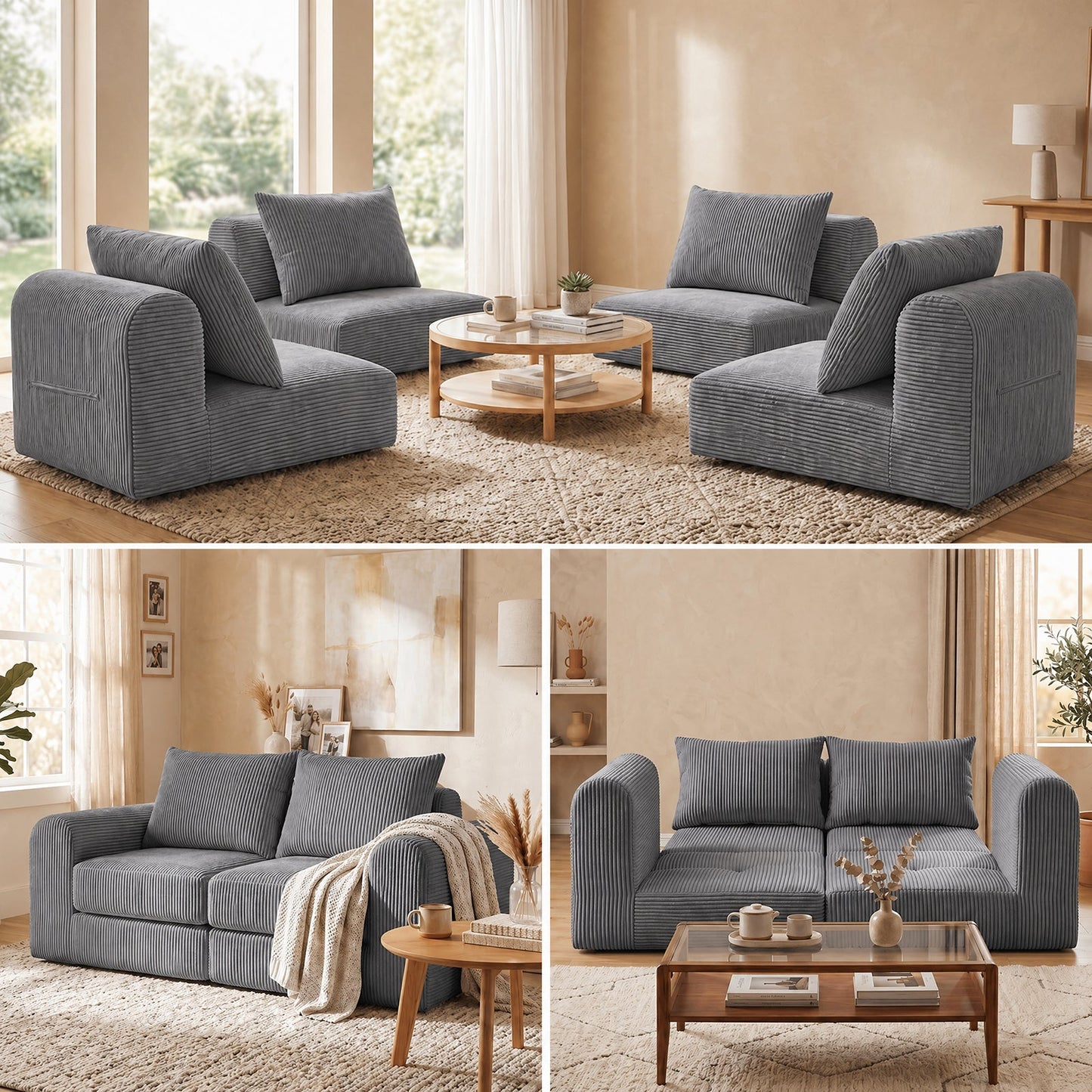 Advwin 172cm Modular Corduroy 3-in-1 Sofa Lounger