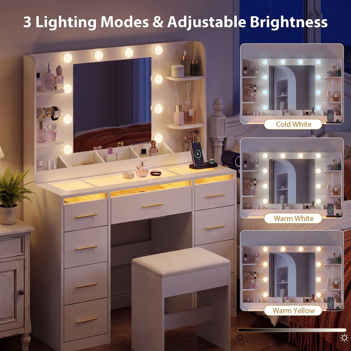 Advwin LED Makeup Vanity w/ Charging Station & 9 Drawers