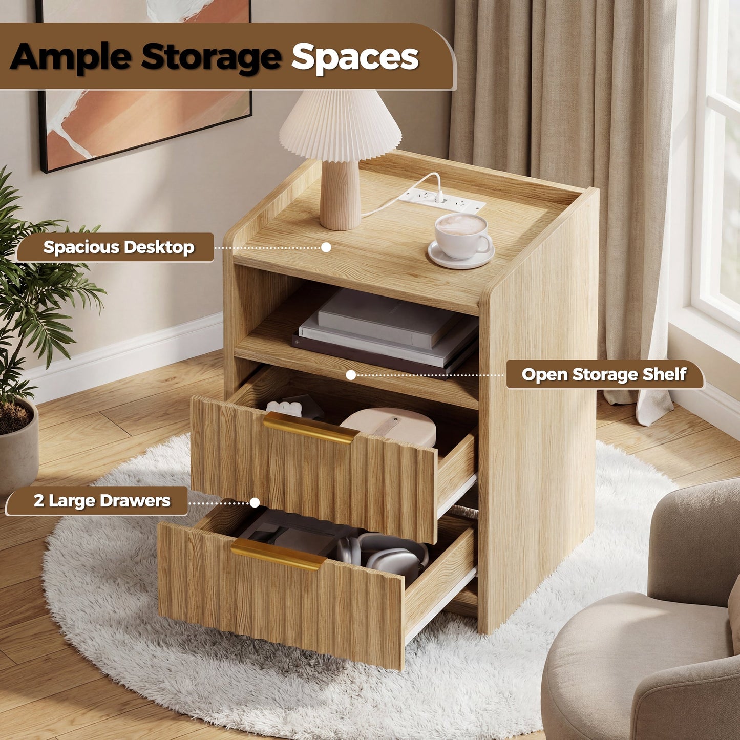 Advwin Bedside Table with Charging Station Nightstand