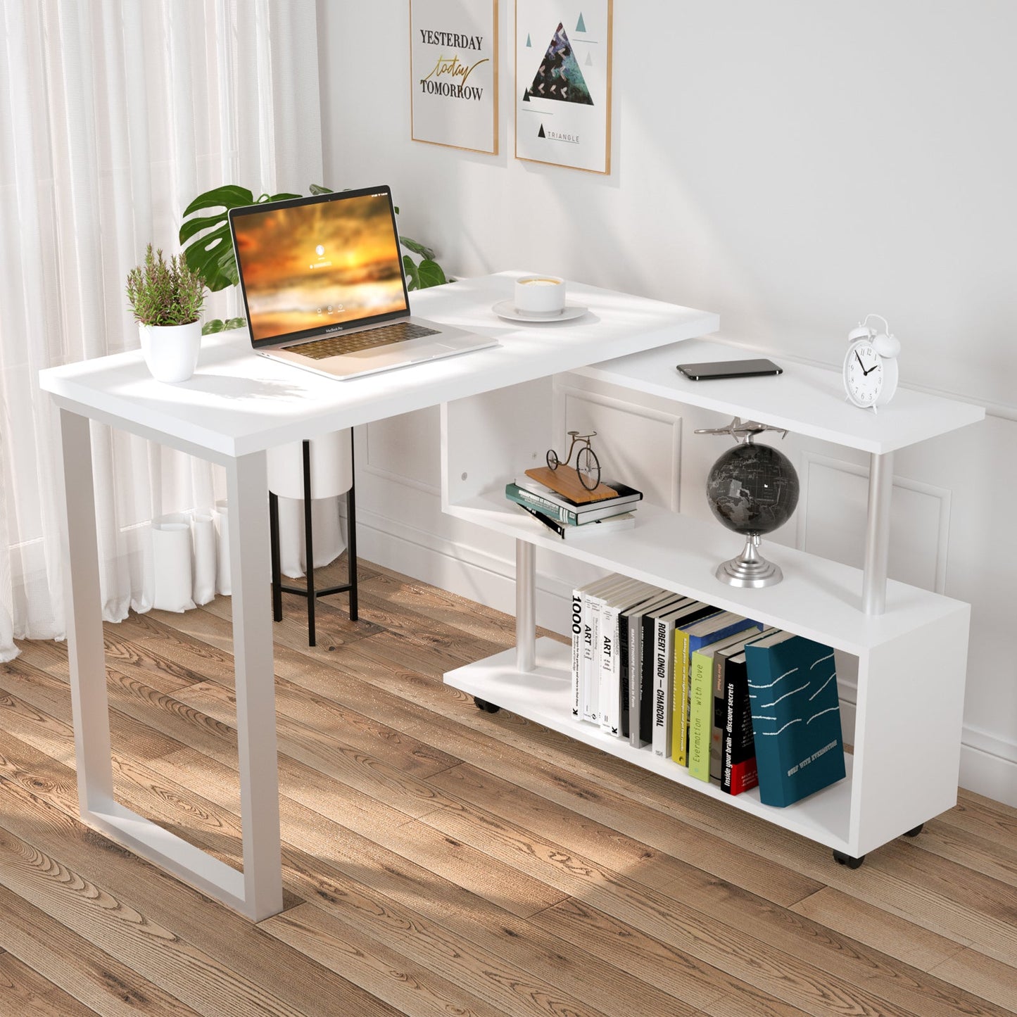 Advwin L-Shape 360° Rotating Bookshelf Computer Desk