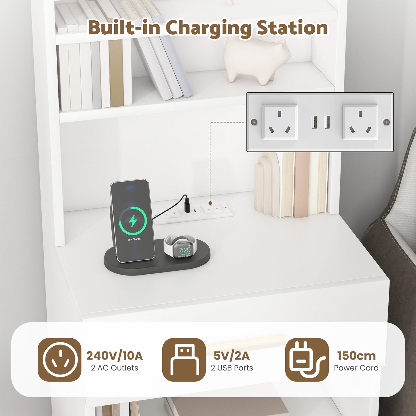Advwin Set of 2 Tall Bedside Table with Charging Station