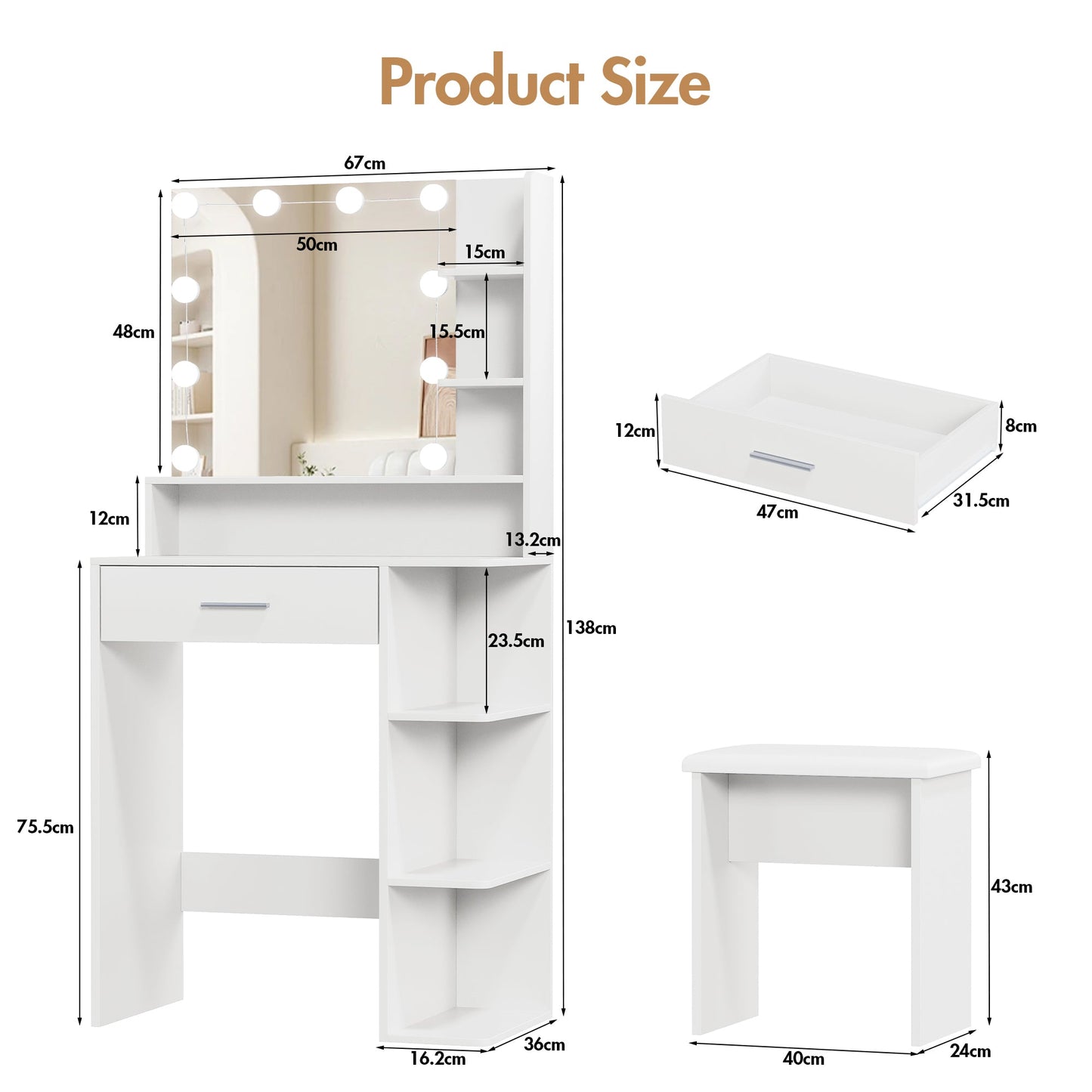 Advwin Dressing Table Set with 10 LED Bulb Mirror
