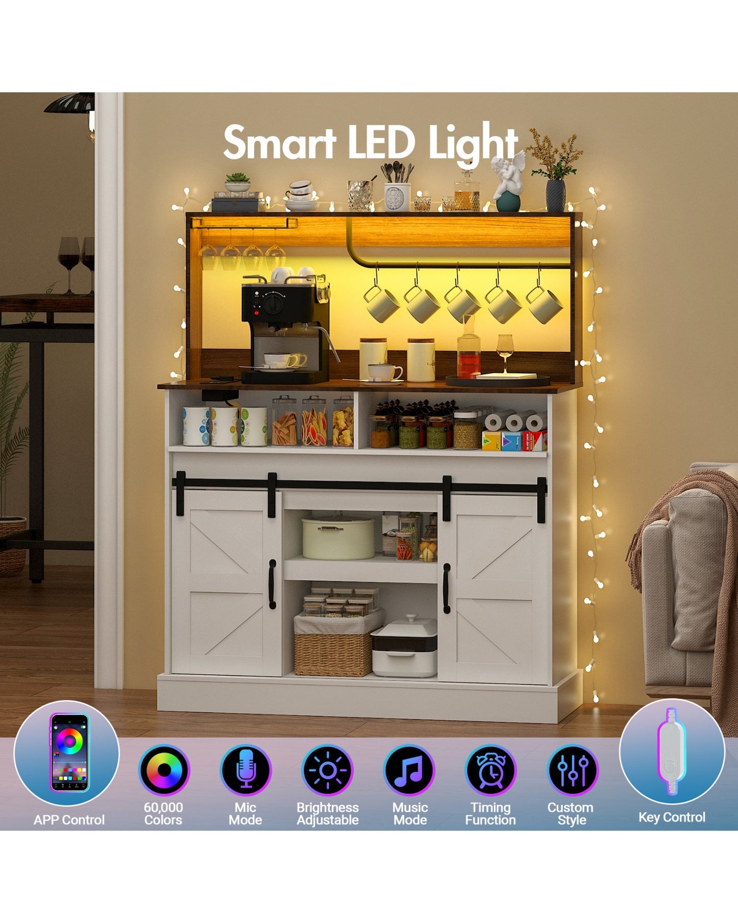 Advwin Farmhouse LED Sideboard Buffet Storage Cabinet