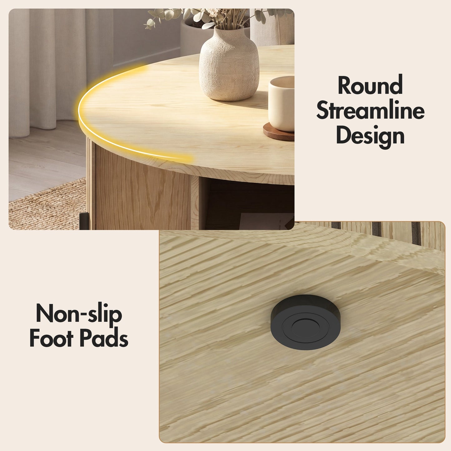 Advwin 80cm Round Coffee Table with Sliding Door & Storage