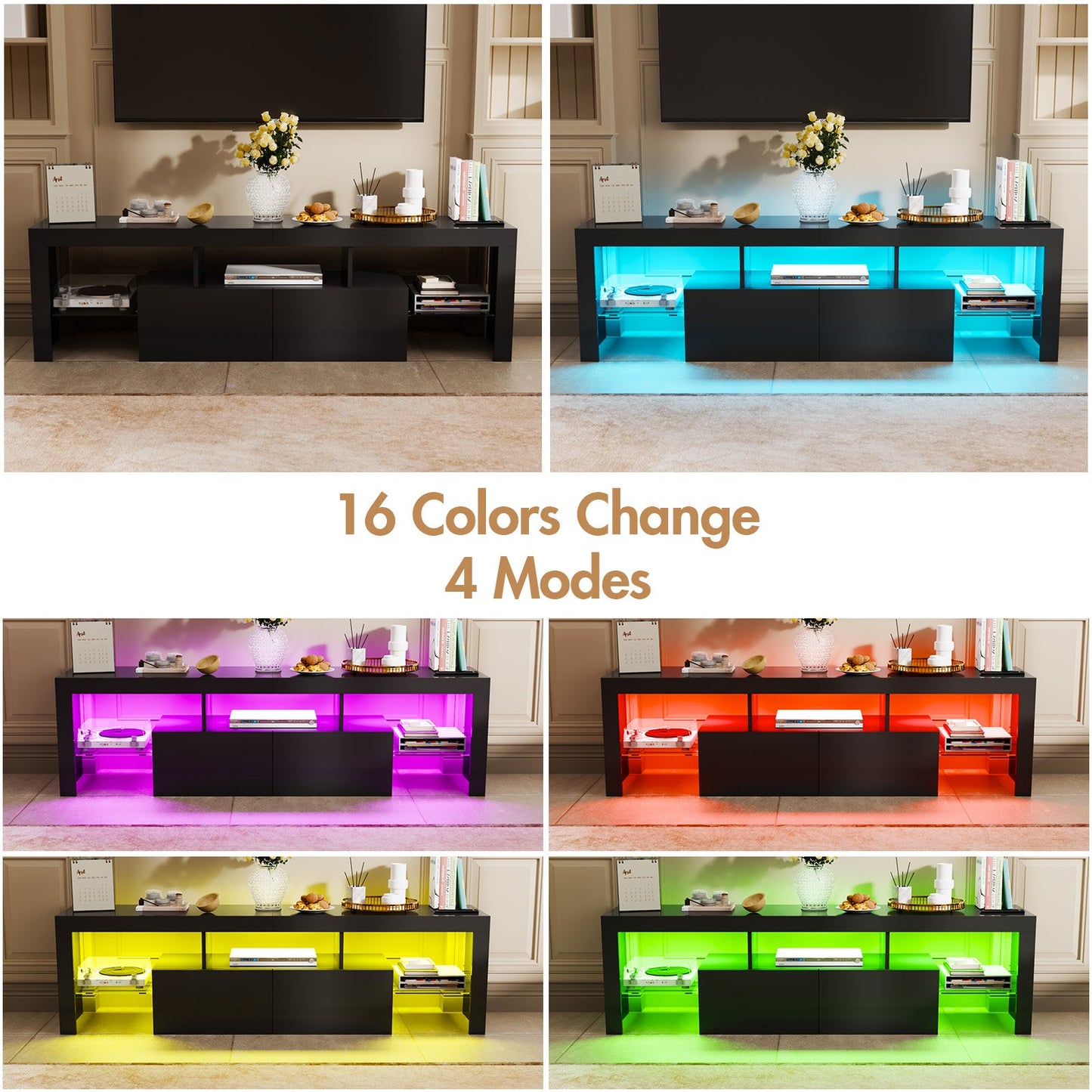 Advwin TV Cabinet 160cm RGB LED Entertainment Unit Black