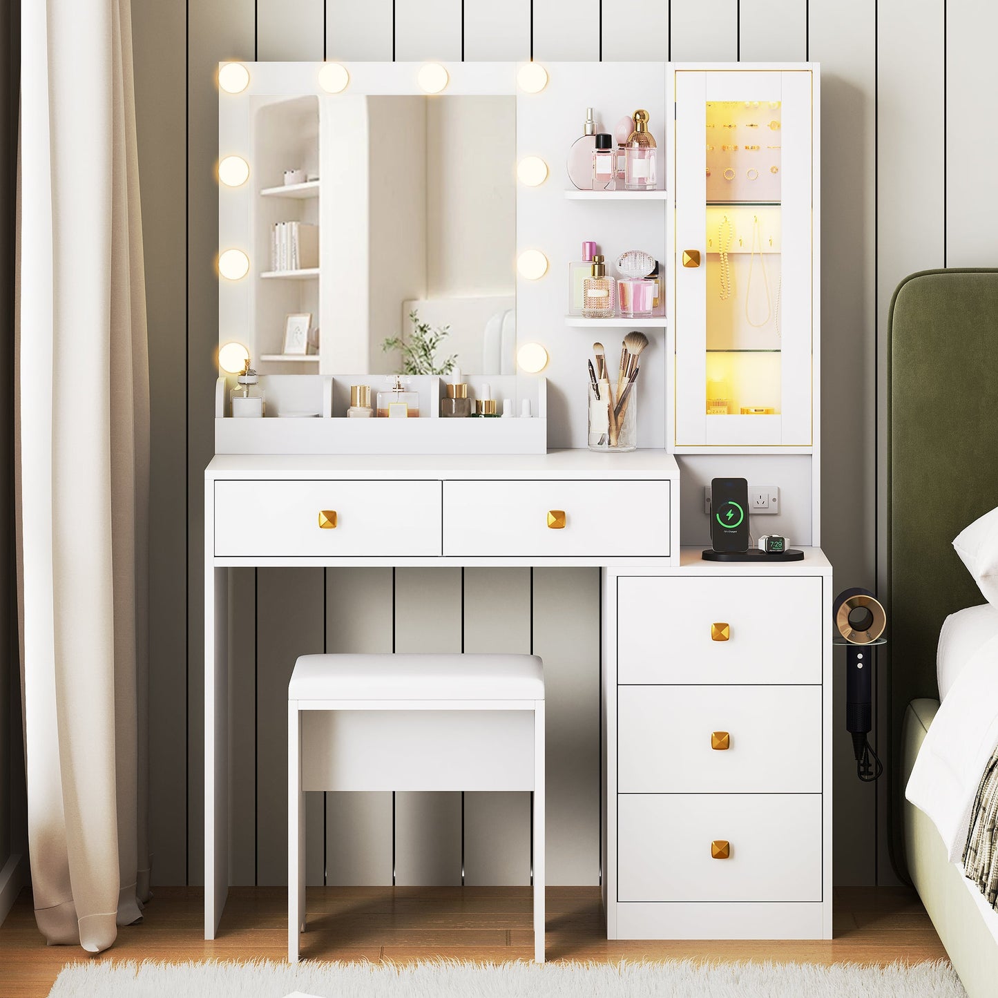 Advwin Dressing Table LED Makeup Mirror Stool Set
