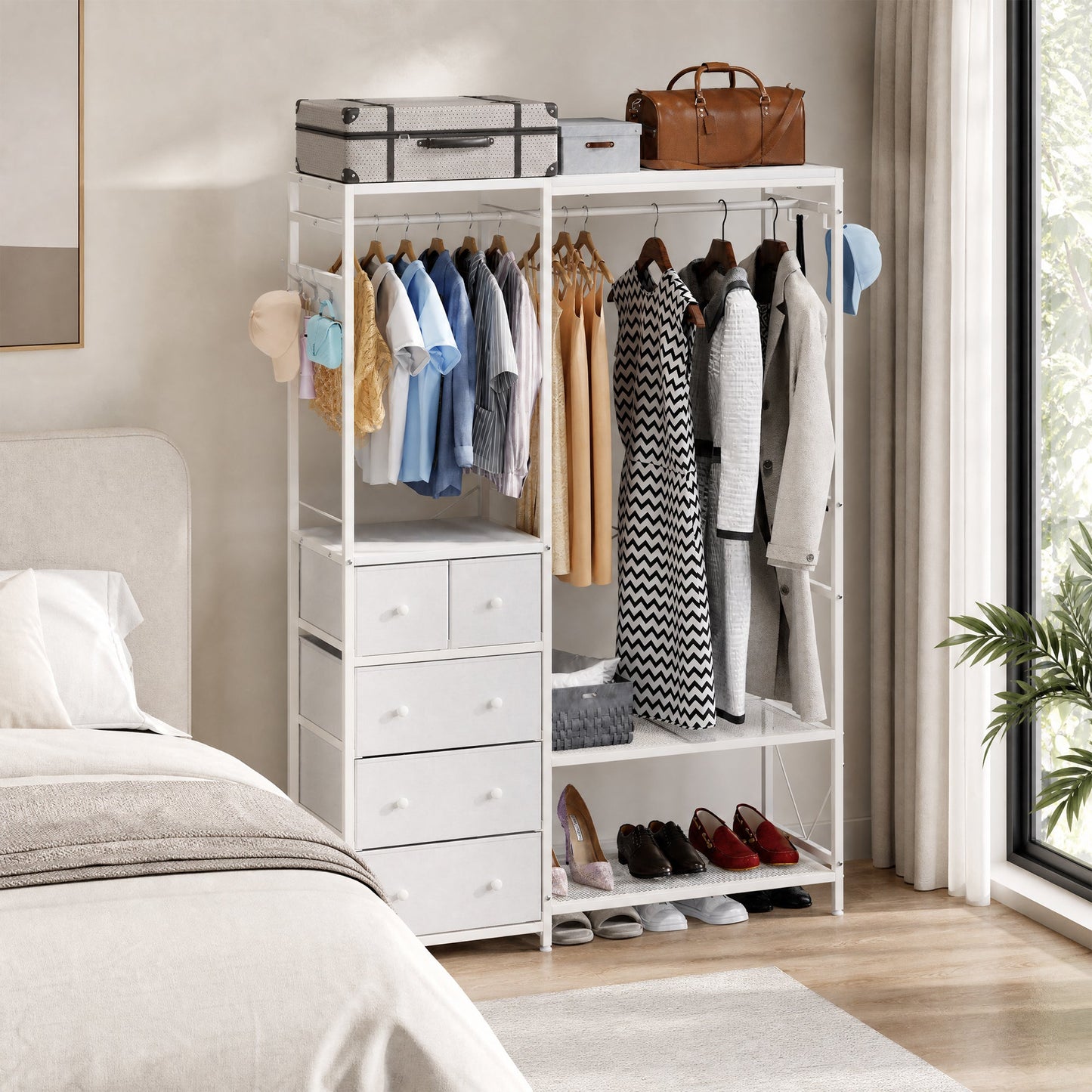 Advwin Portable Wardrobe with 2 Rods & 5 Drawers