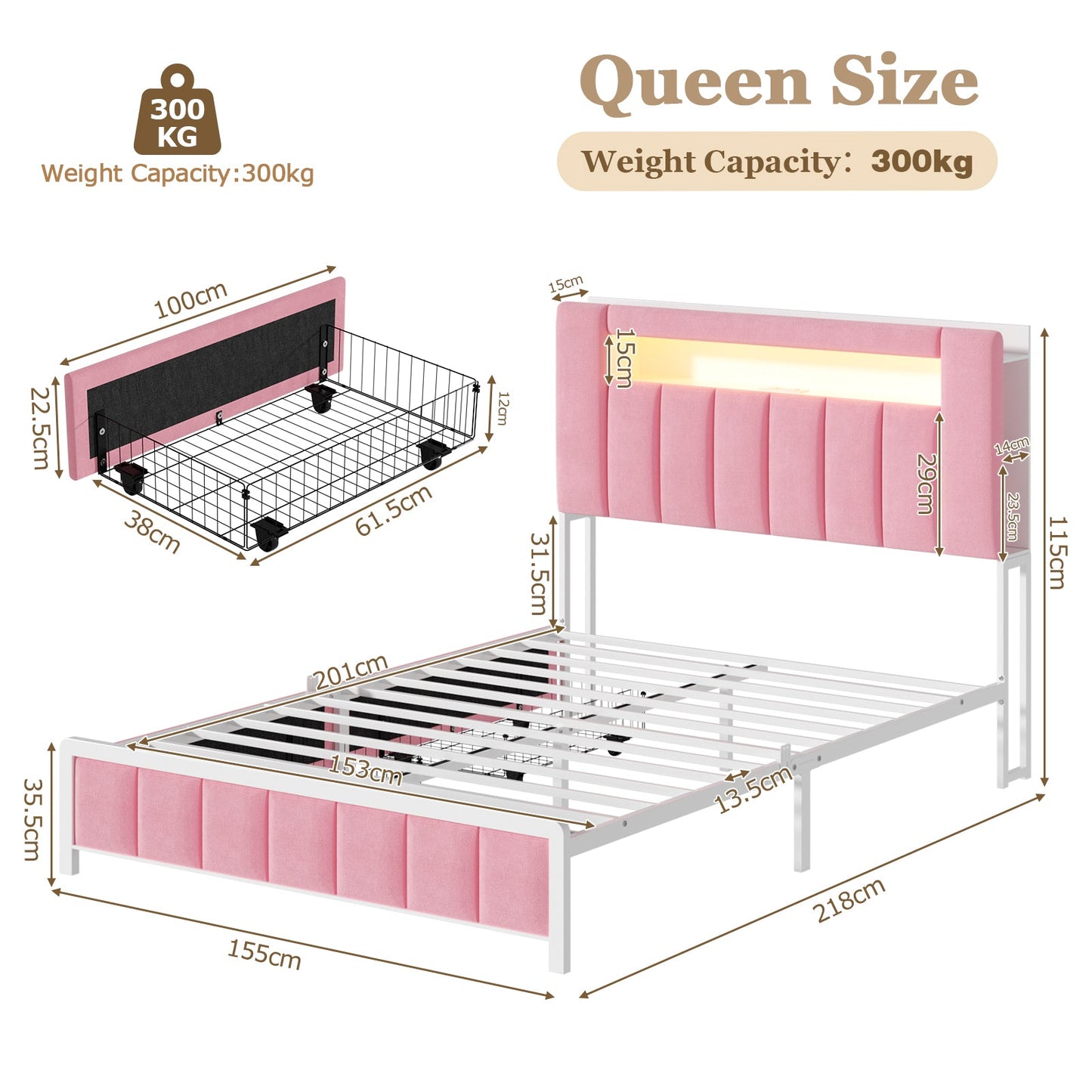 Advwin Bed Frame with LED Shelves & Charging Station Pink