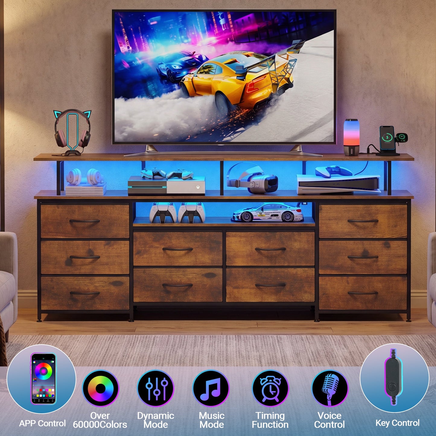 Advwin 160cm TV Stand with Open Storage & LED Lights