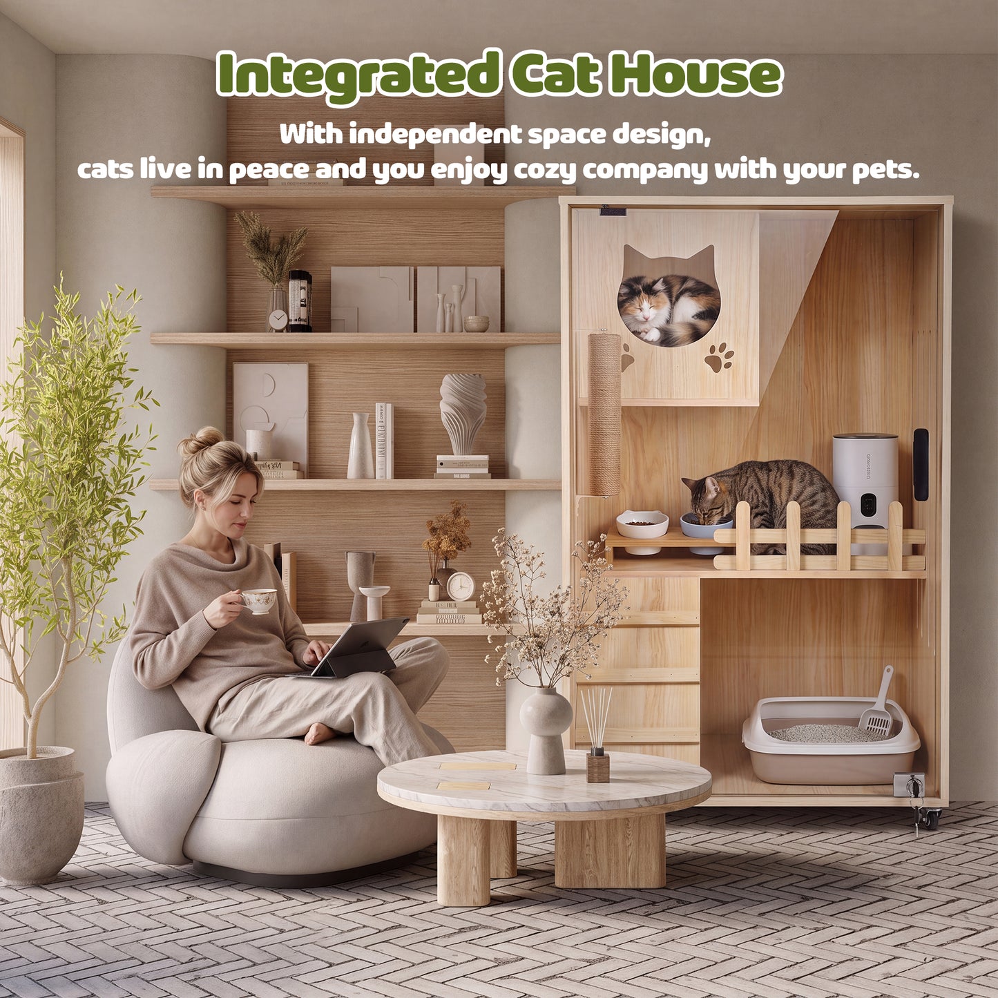 Advwin Large Wooden Cat Enclosure with Wheels & Glass Doors
